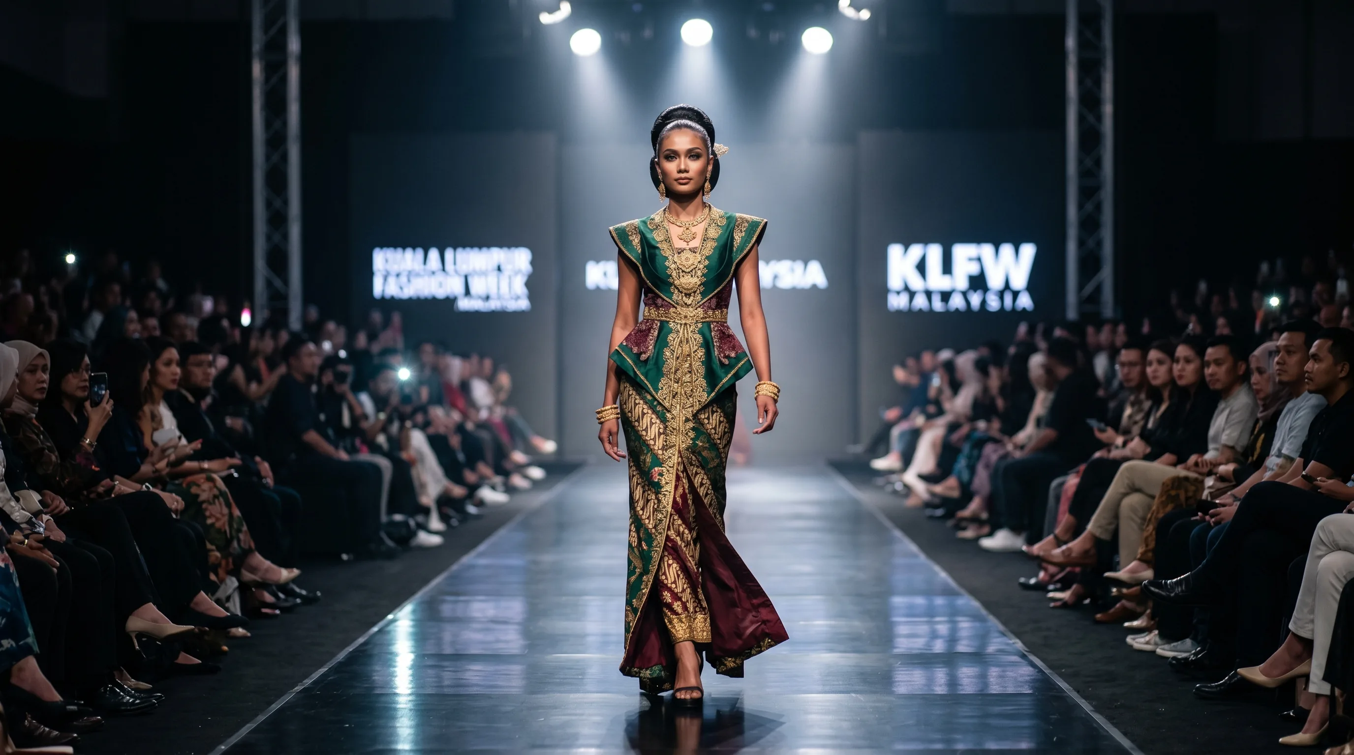 A poised Malaysian fashion model on a runway under bright lights, evoking Sabah-raised supermodel Amber Chia