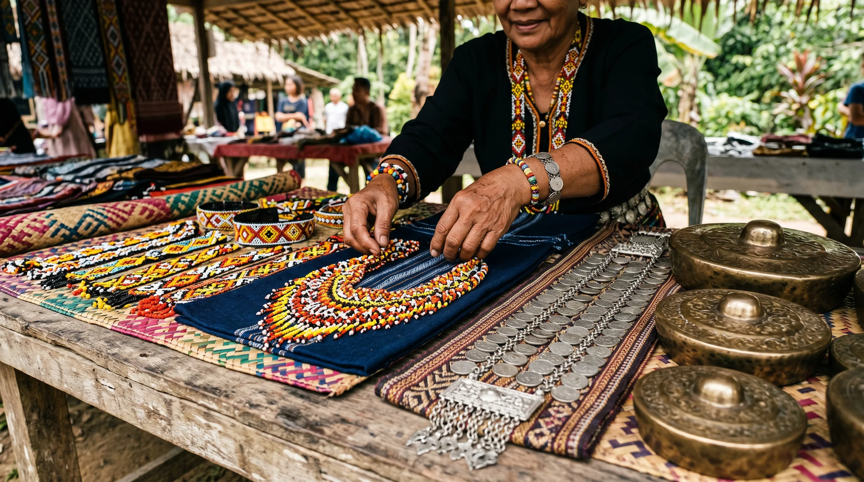 A display of Sabah crafts — colourful Rungus beadwork, a silver coin belt, woven pandanus mats and bronze gongs on a wooden table