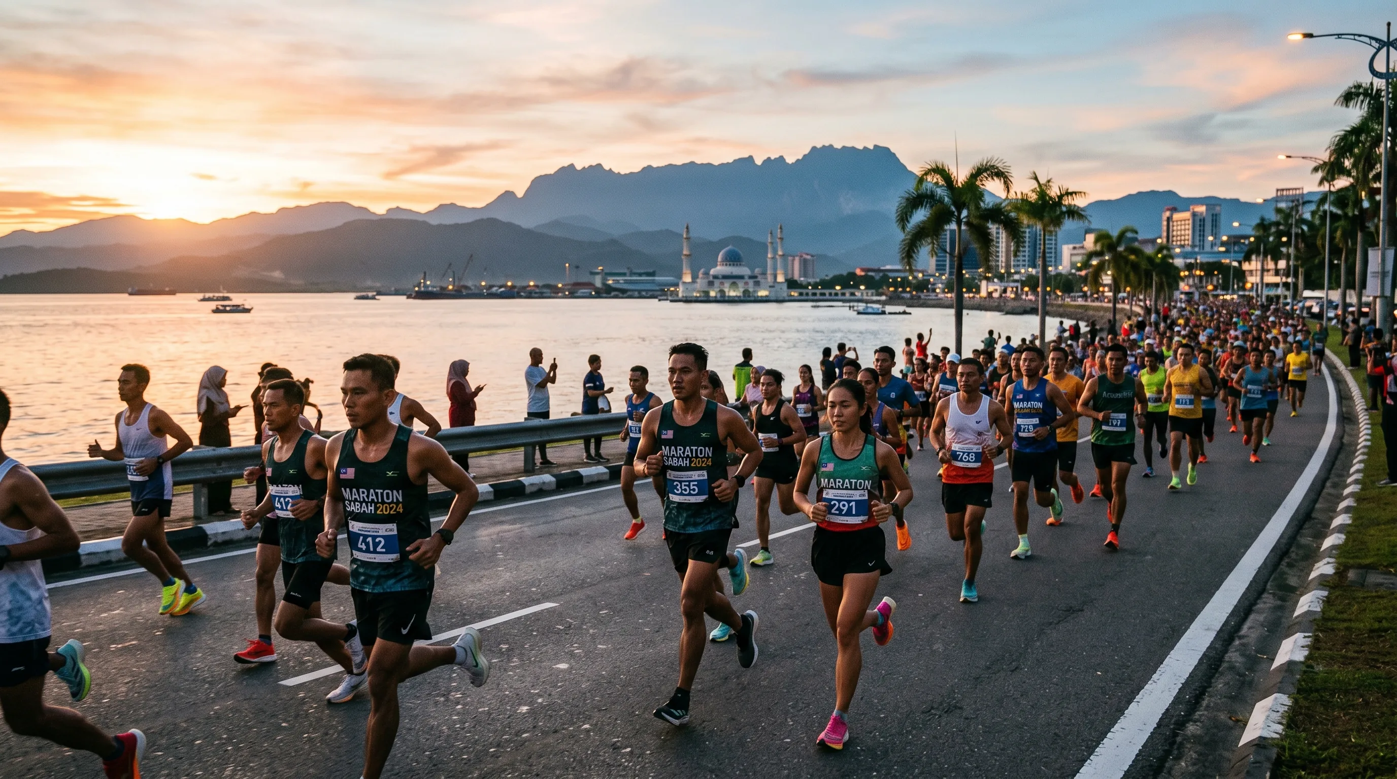 Southeast Asian marathon runners on a coastal road in Kota Kinabalu, Sabah, during the Borneo International Marathon at sunrise