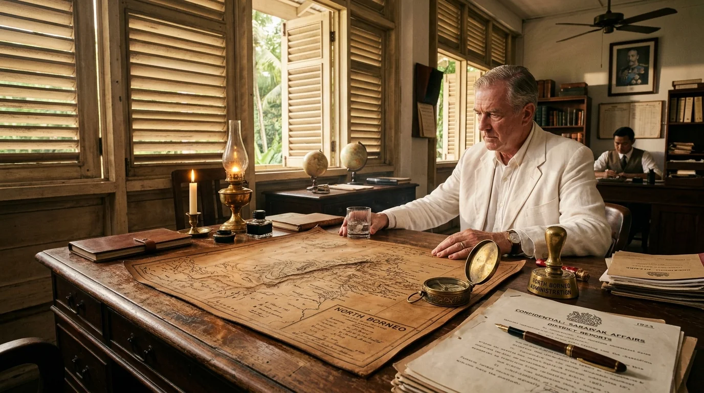 Colonial administrator desk with North Borneo map — the British North Borneo Chartered Company era