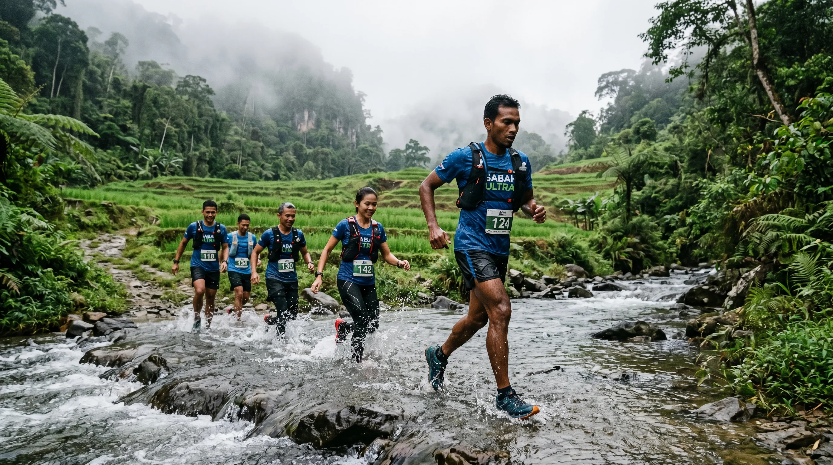 Southeast Asian trail runners crossing a jungle river in the Kiulu Valley, Sabah, during the Borneo Ultra Trail Marathon