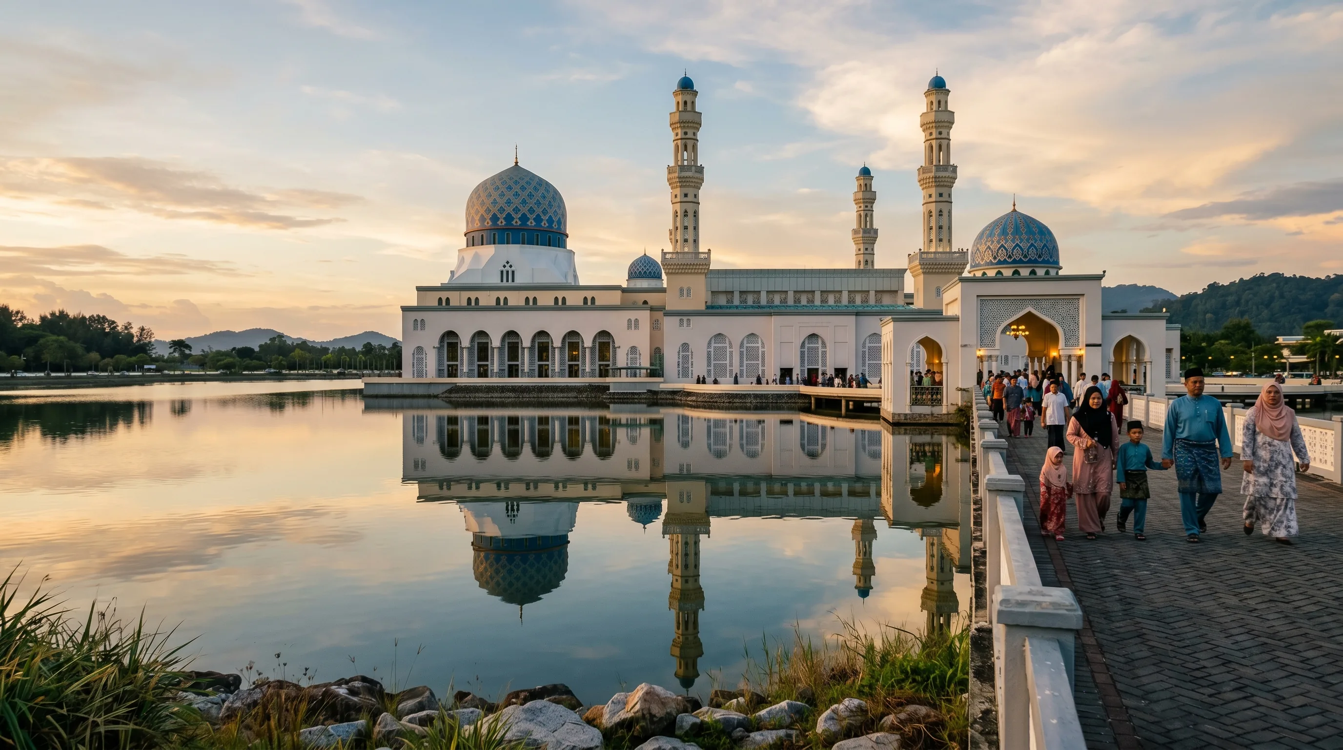 The Kota Kinabalu City Mosque reflected in its lagoon at sunset, with its blue and gold dome appearing to float on the water