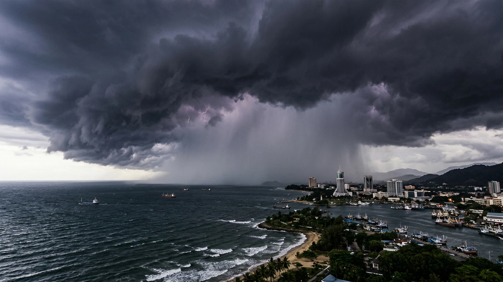 Monsoon rain falling on Kota Kinabalu waterfront with overcast skies