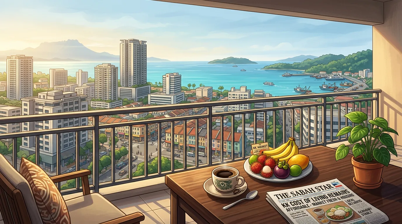 Sabah food markets, apartment buildings, and rural homes representing cost of living diversity