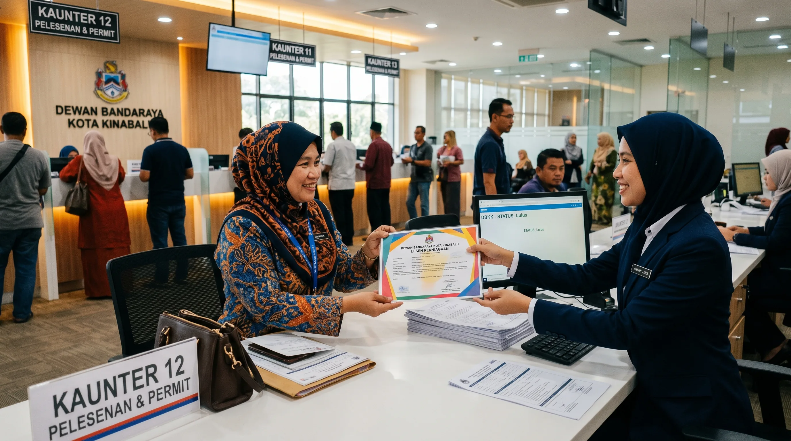 A Malaysian business owner collecting a licence at the Kota Kinabalu City Hall counter in Sabah