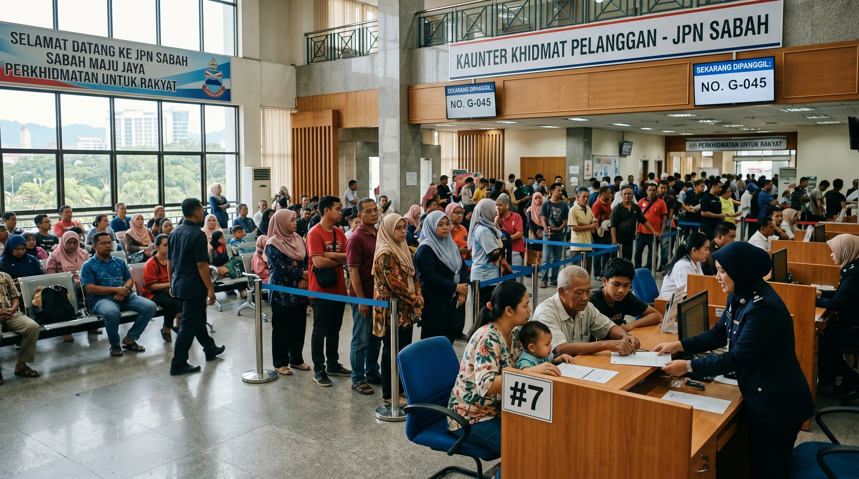 Malaysian members of the public queuing at a government services counter in Kota Kinabalu, Sabah