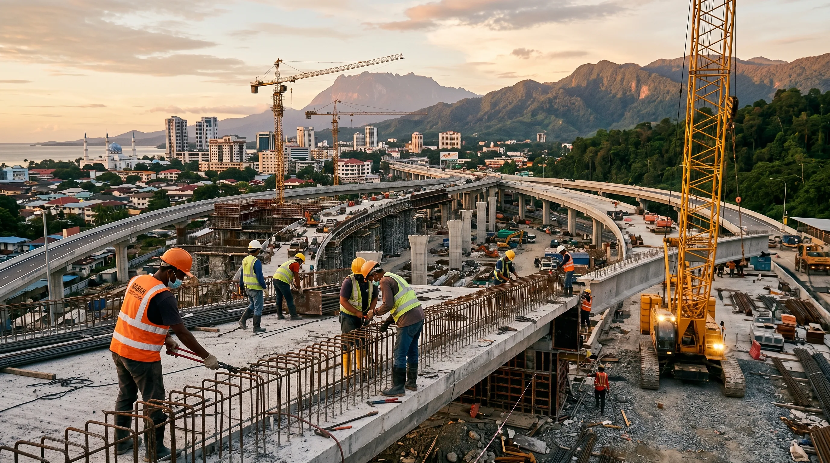 Construction cranes and a modern highway interchange rising over Kota Kinabalu, Sabah, with Southeast Asian construction workers on site and forested hills behind