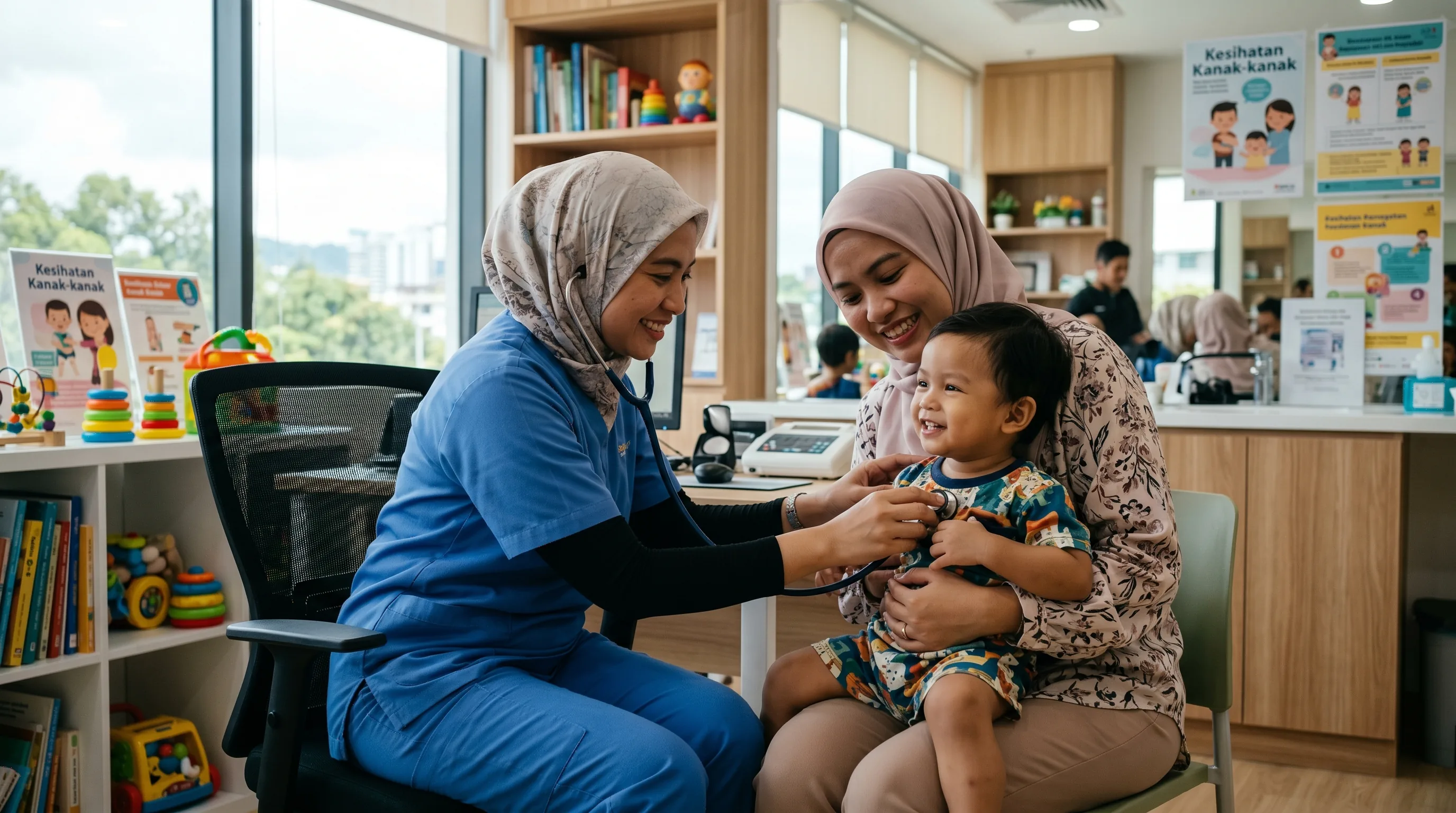 A Malaysian paediatric nurse gently examining a young child at a clinic in Kota Kinabalu, Sabah