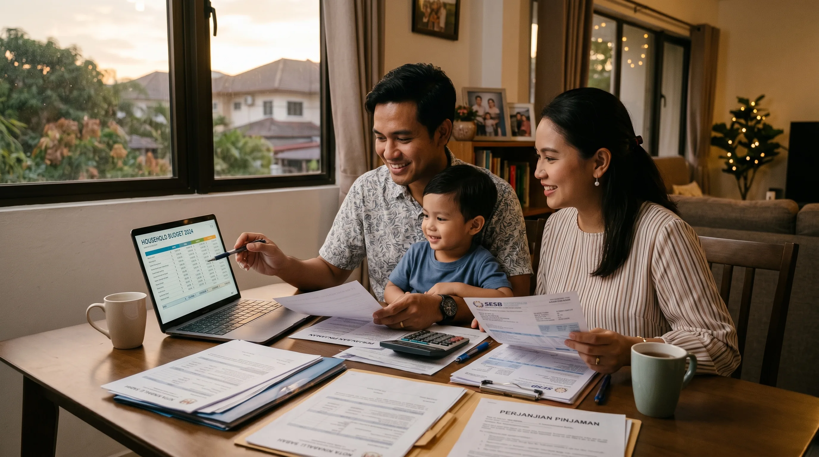 A young Malaysian family reviewing household finances together at home in Kota Kinabalu, Sabah