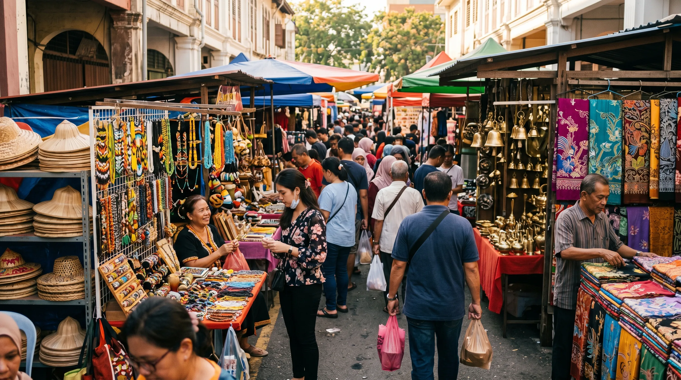 Shoppers browsing busy craft and produce stalls along Gaya Street during the Sunday market in Kota Kinabalu.