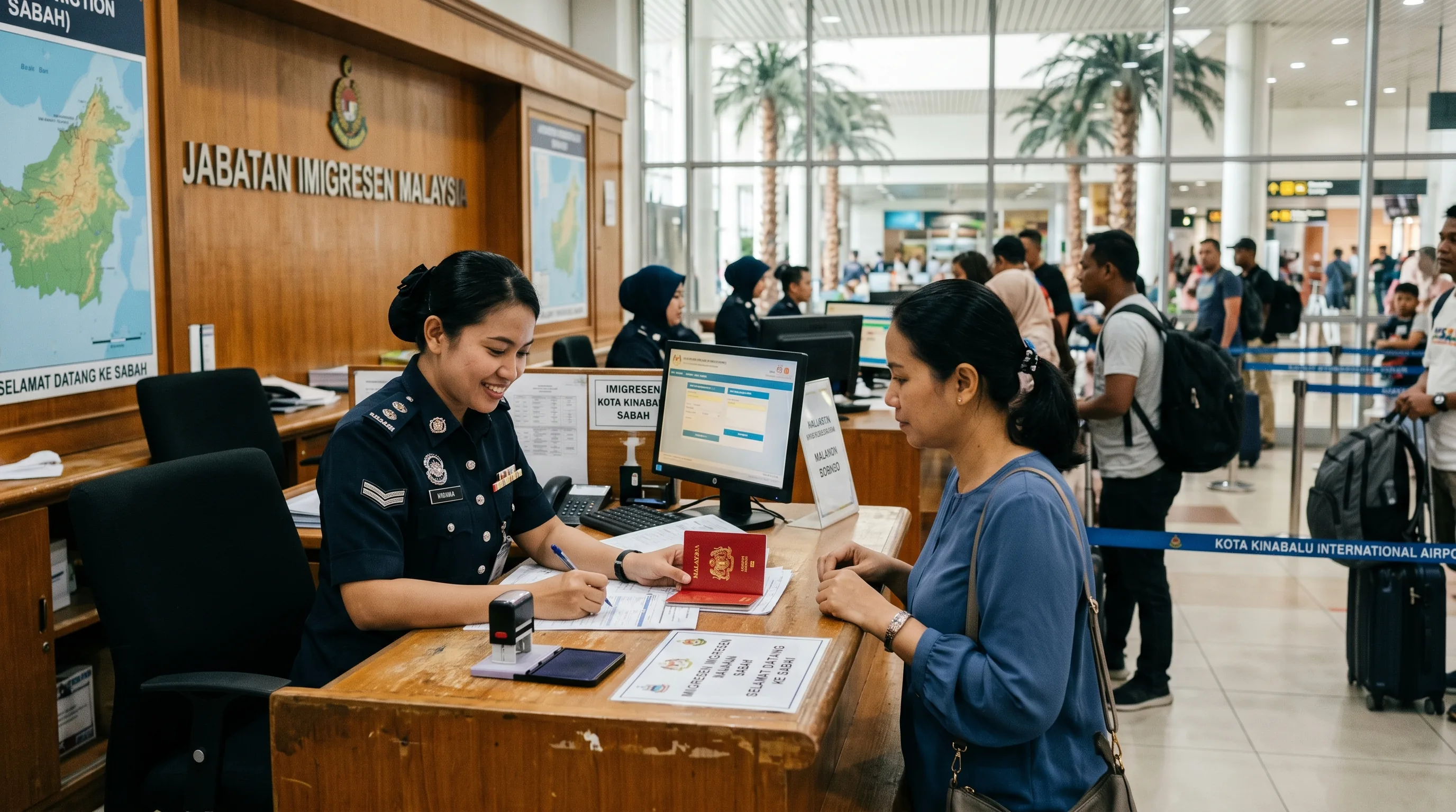 A Malaysian officer assisting a traveller at the Immigration counter in Kota Kinabalu, Sabah