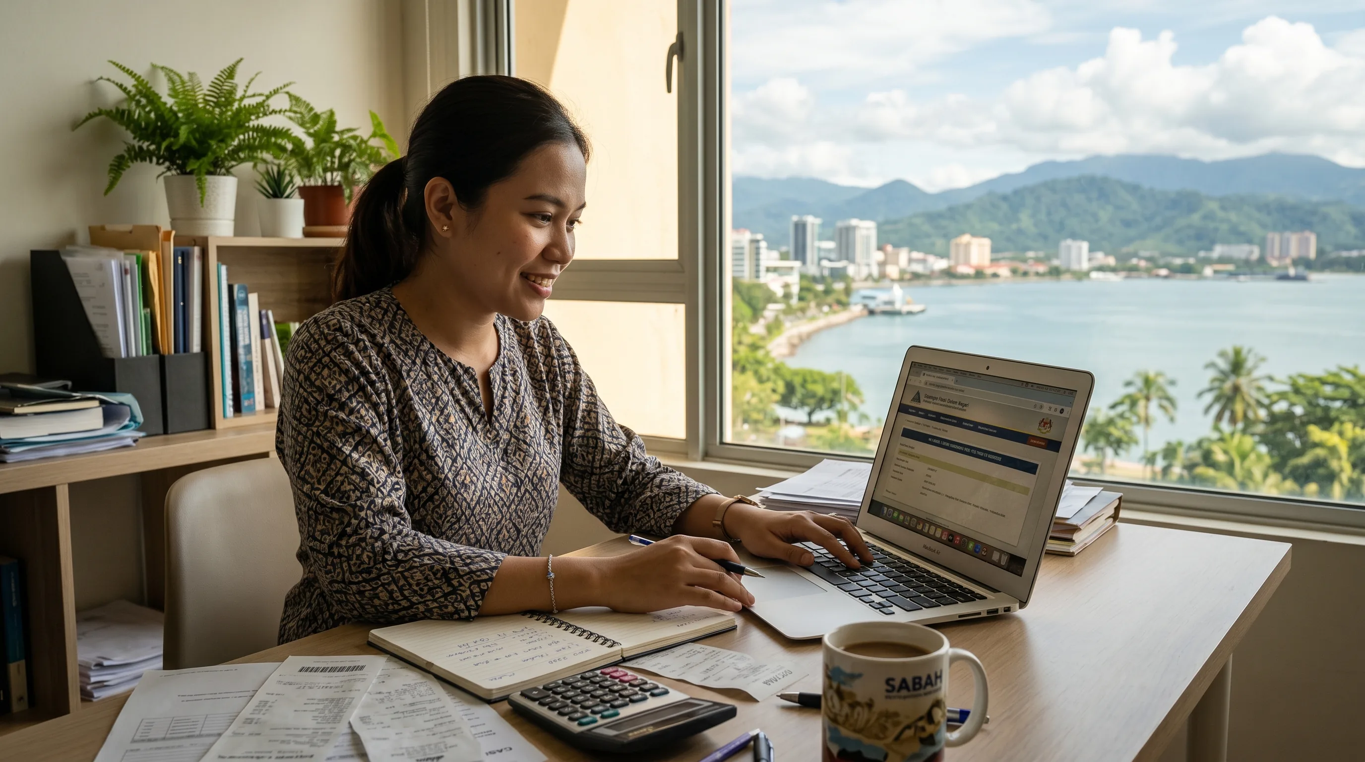 A Malaysian taxpayer completing online e-Filing at a desk in Kota Kinabalu, Sabah