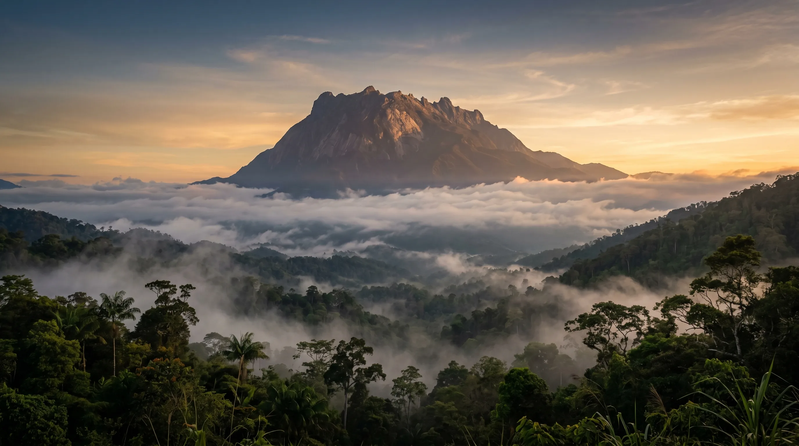 The misty granite summit of sacred Mount Kinabalu rising above the highlands of Sabah, with the surrounding forest of the Kadazan-Dusun homeland below
