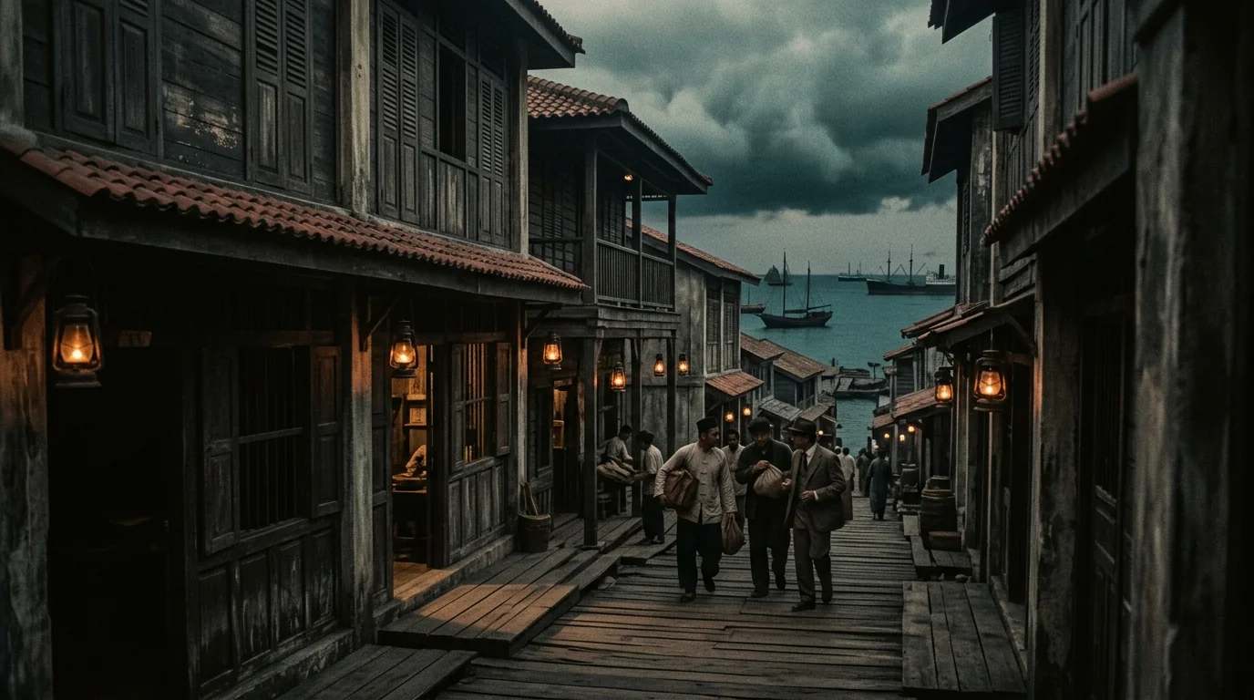 Colonial-era port town at dusk — scene of the 1943 Jesselton Revolt against Japanese occupation