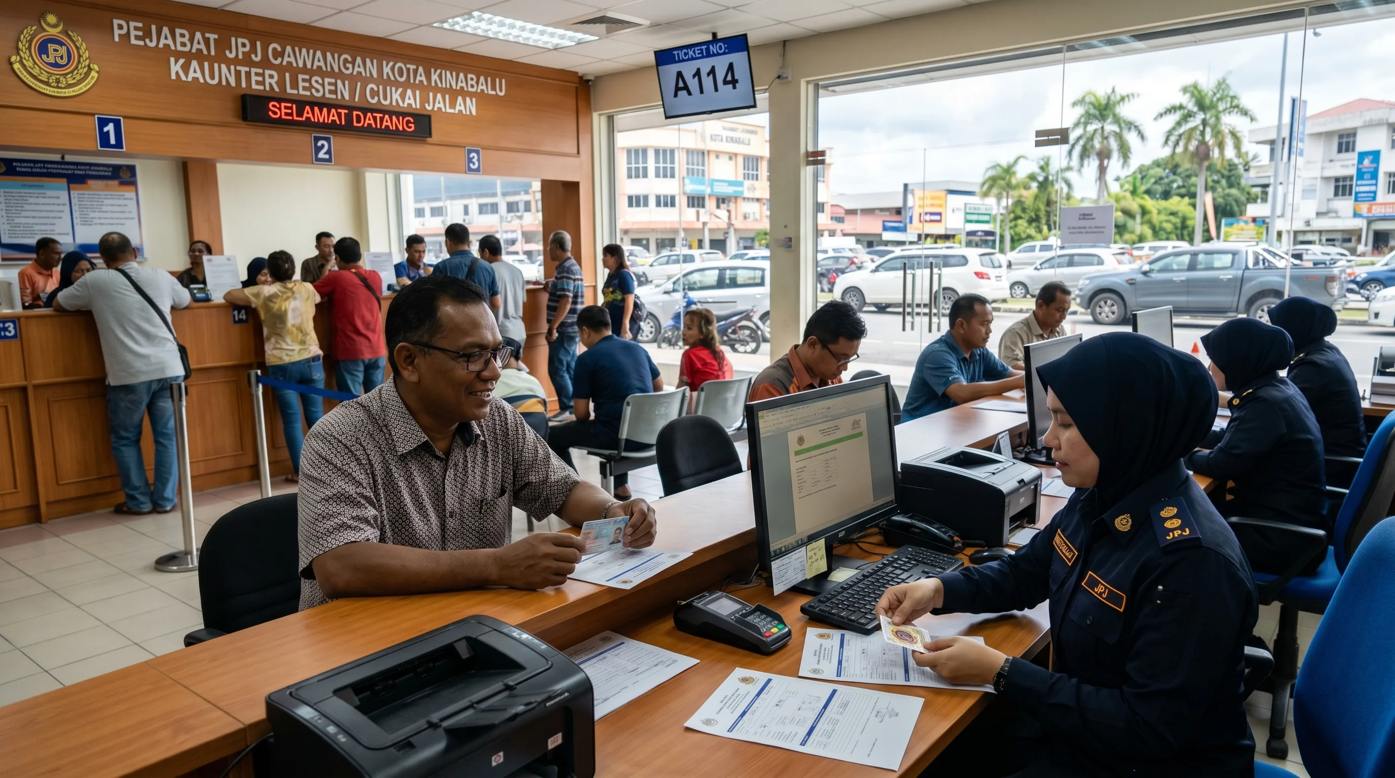 A Malaysian driver renewing road tax at a JPJ counter in Kota Kinabalu, Sabah