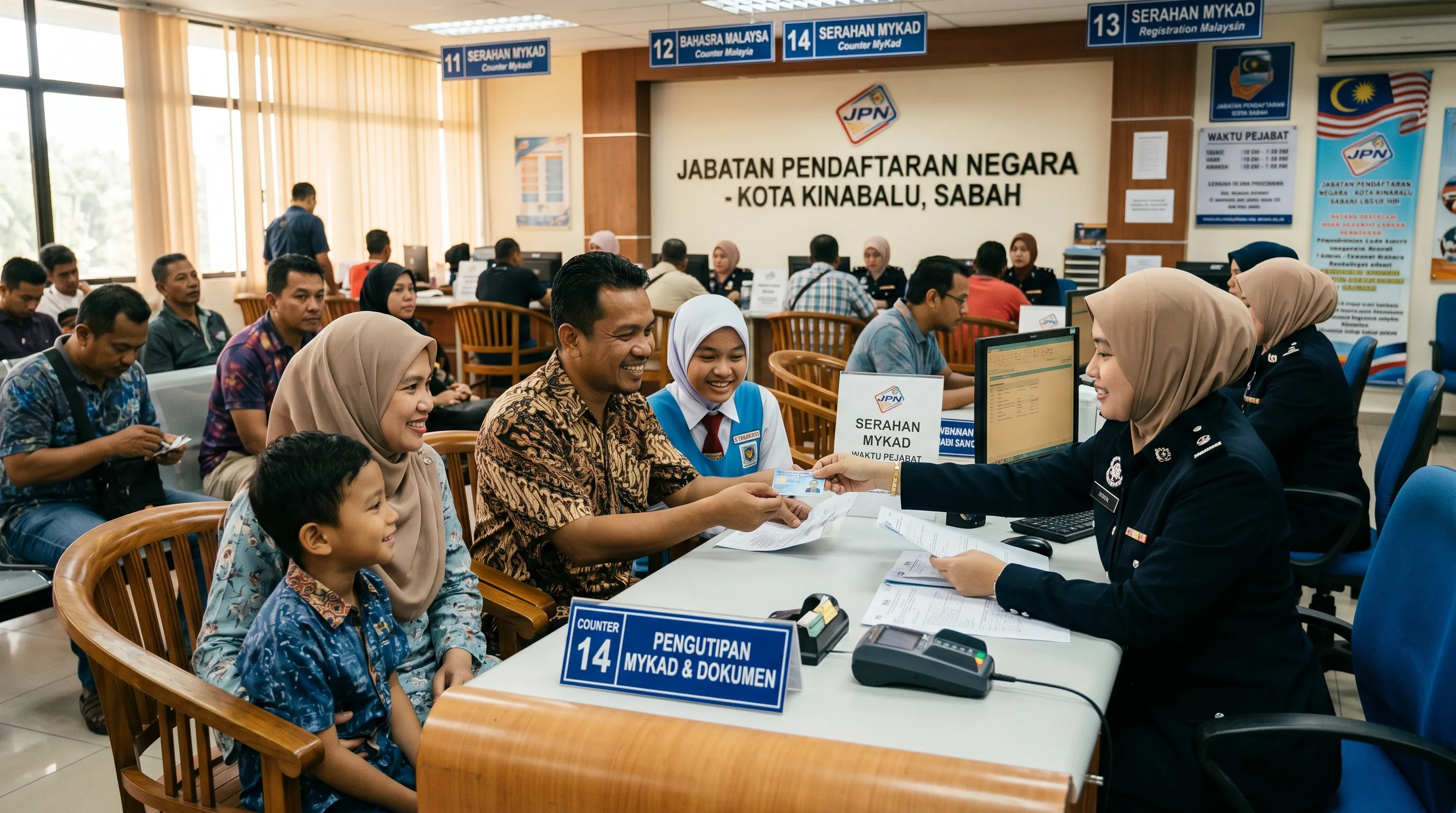 A Malaysian family collecting identity documents at a JPN registration counter in Kota Kinabalu, Sabah
