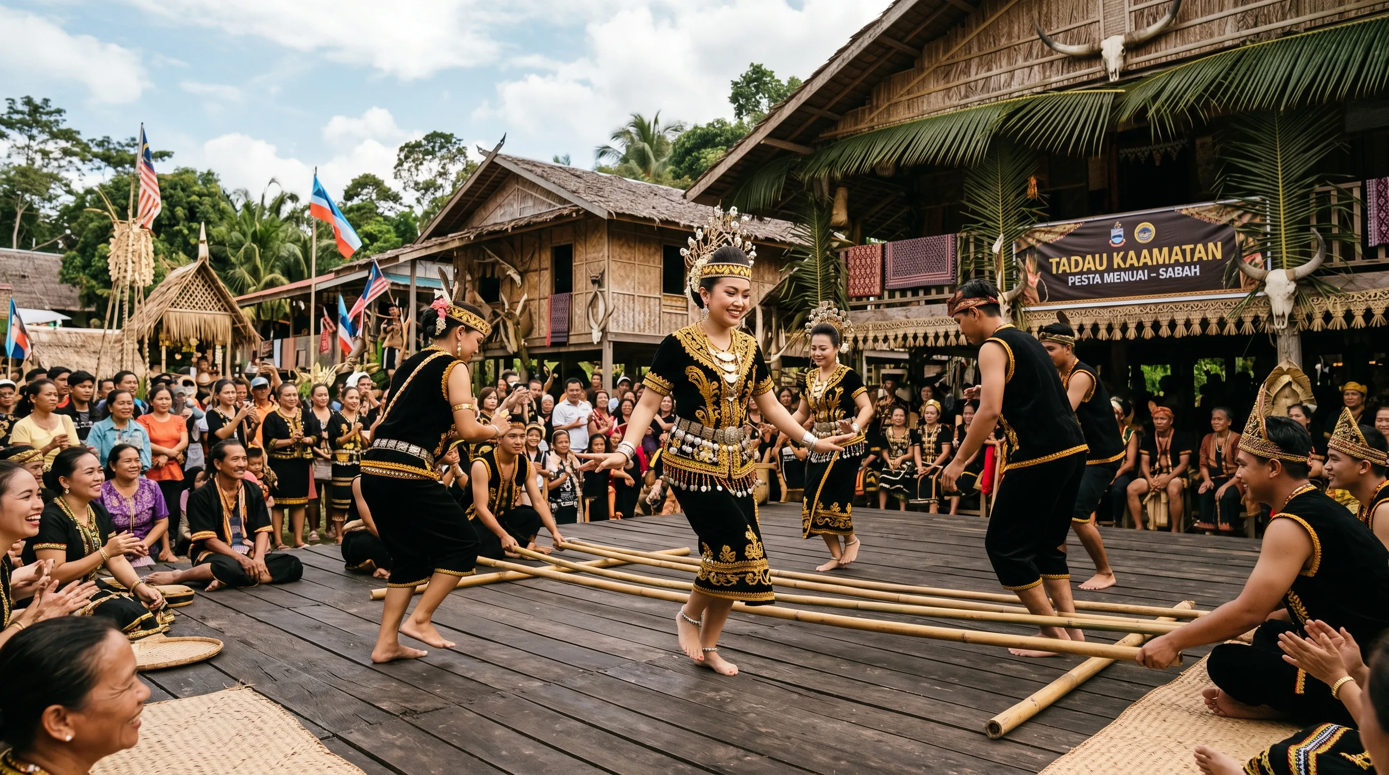 Kadazan Dusun dancers in traditional black-and-gold costume performing at a Kaamatan harvest celebration in Penampang, Sabah