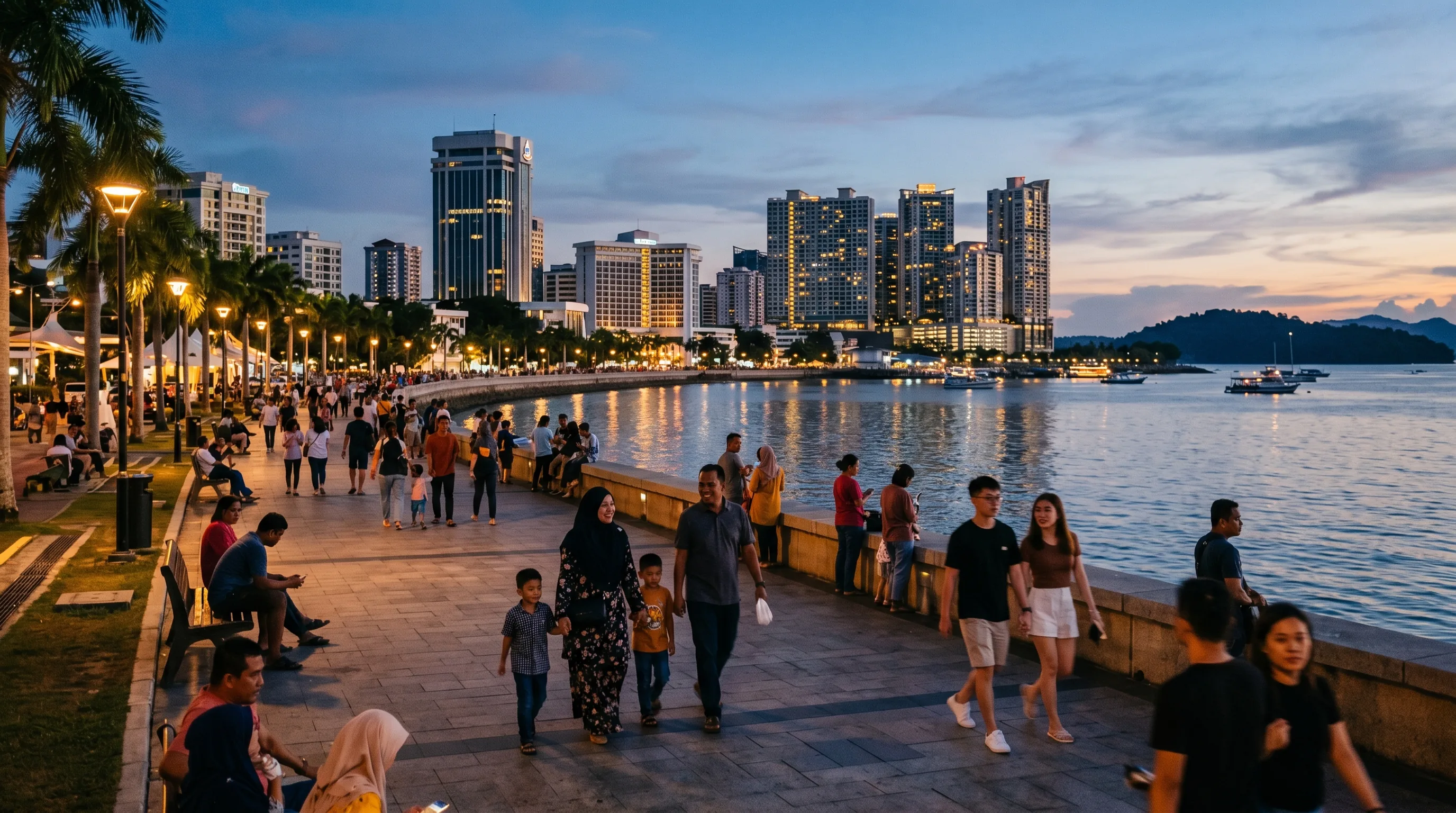 An aerial view of the Kota Kinabalu city skyline along the waterfront with hills and the sea in the background.