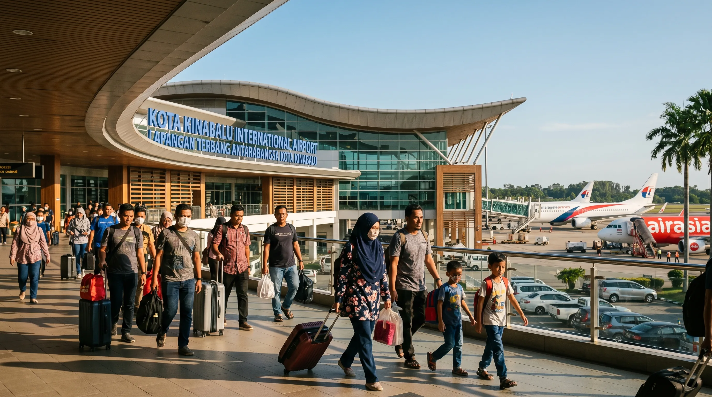 Travellers walking through the bright, modern departures concourse of Kota Kinabalu International Airport.