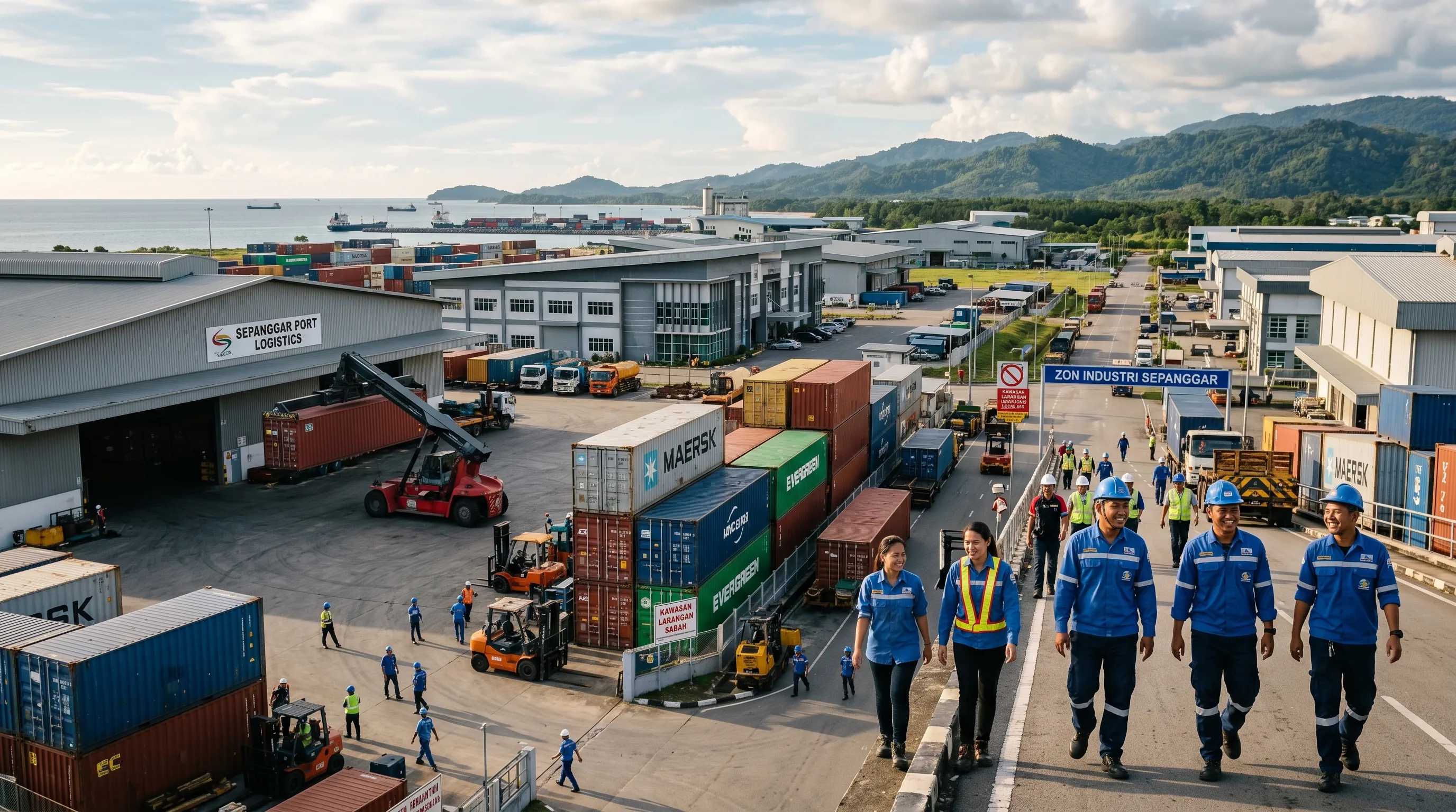 Aerial view of factories, warehouses and port facilities at the Kota Kinabalu Industrial Park in Sepanggar, Sabah.