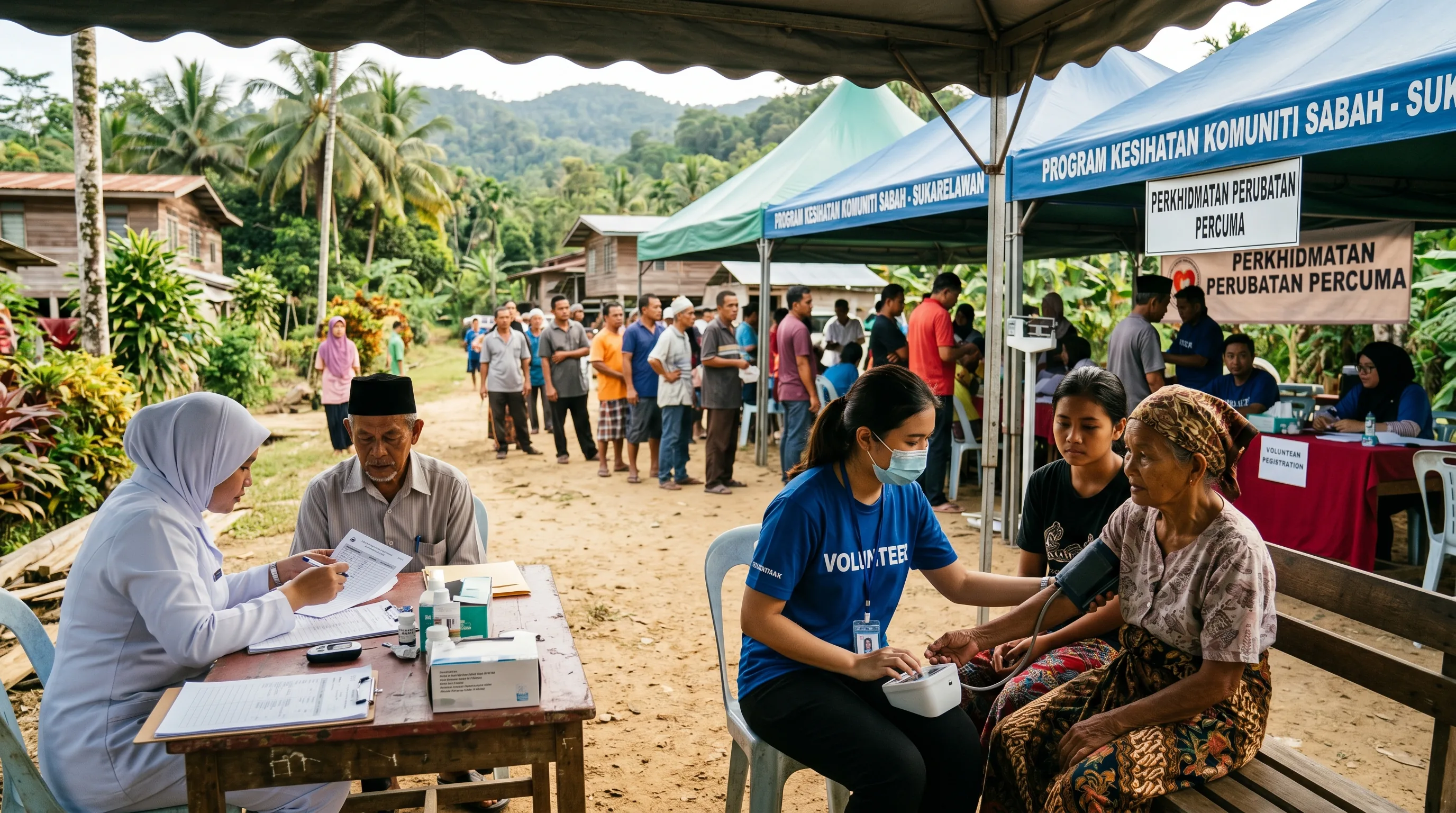 Malaysian Lions Club volunteers running a community health screening for elderly residents in Sabah