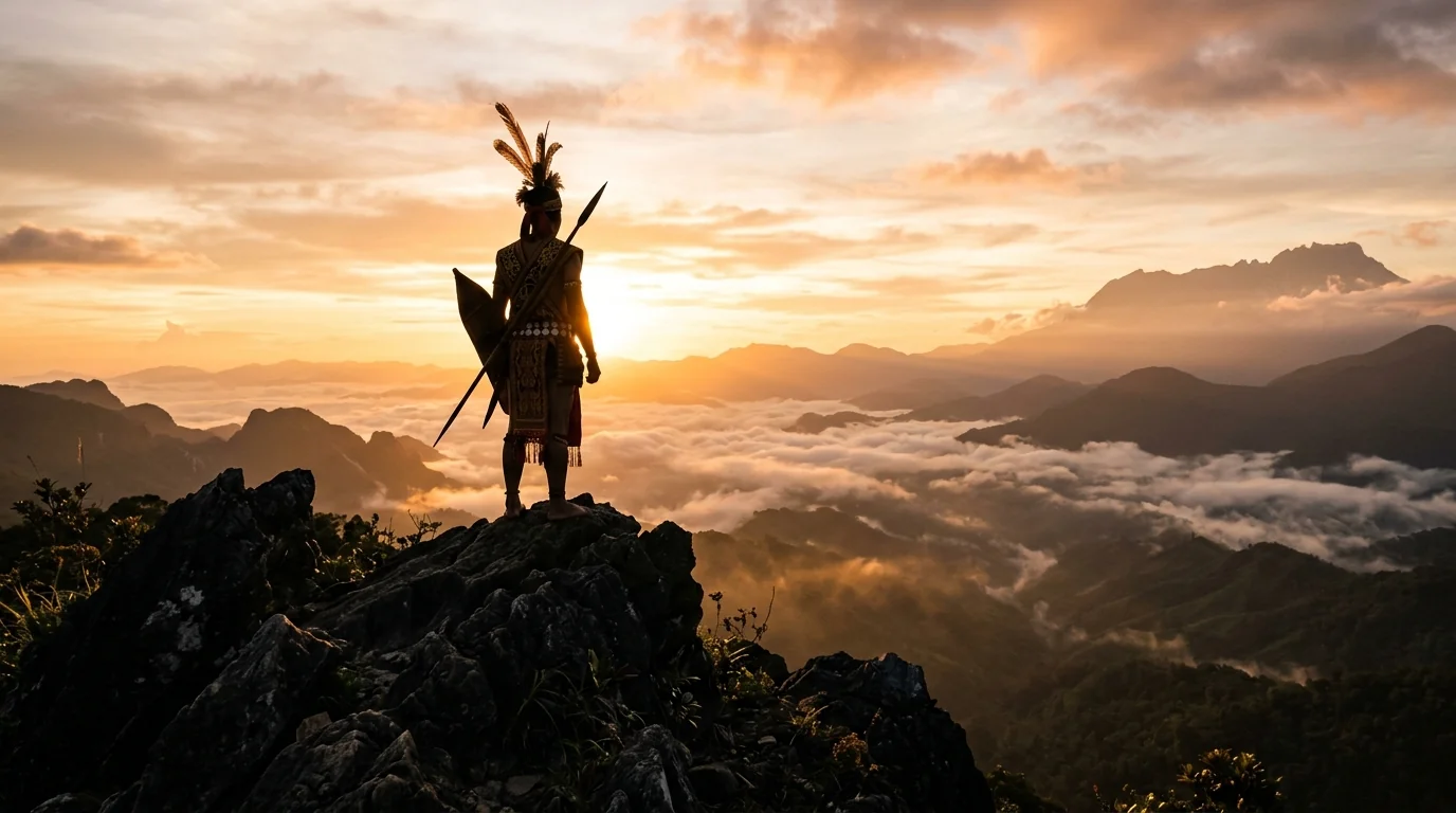 Indigenous warrior silhouetted over Sabah jungle valley — symbol of the Mat Salleh Rebellion