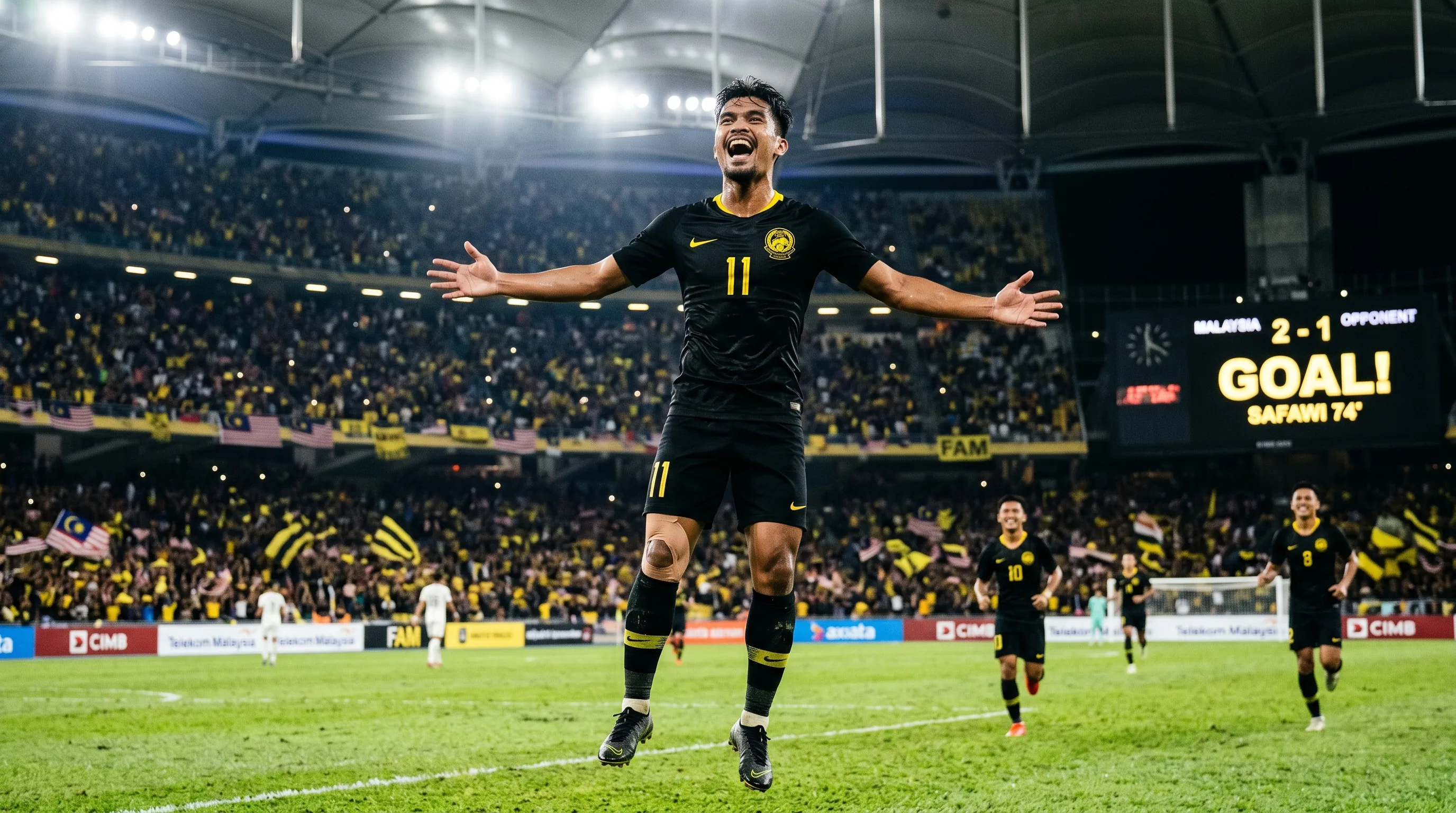 A Malaysian footballer in a national team jersey celebrating a goal on a floodlit pitch, evoking Sabah's Matlan Marjan