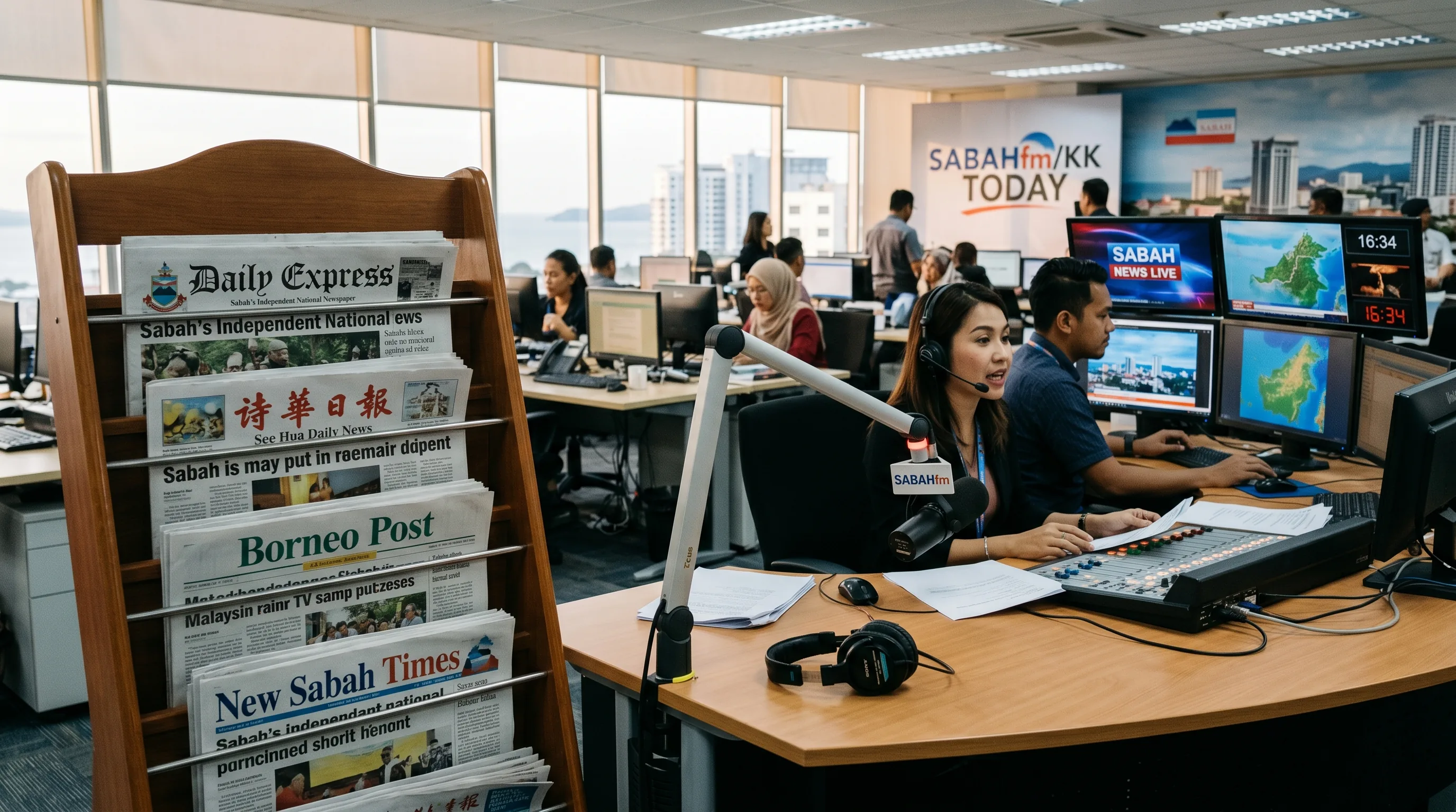 A rack of Sabah newspapers beside a radio studio microphone in a Kota Kinabalu newsroom