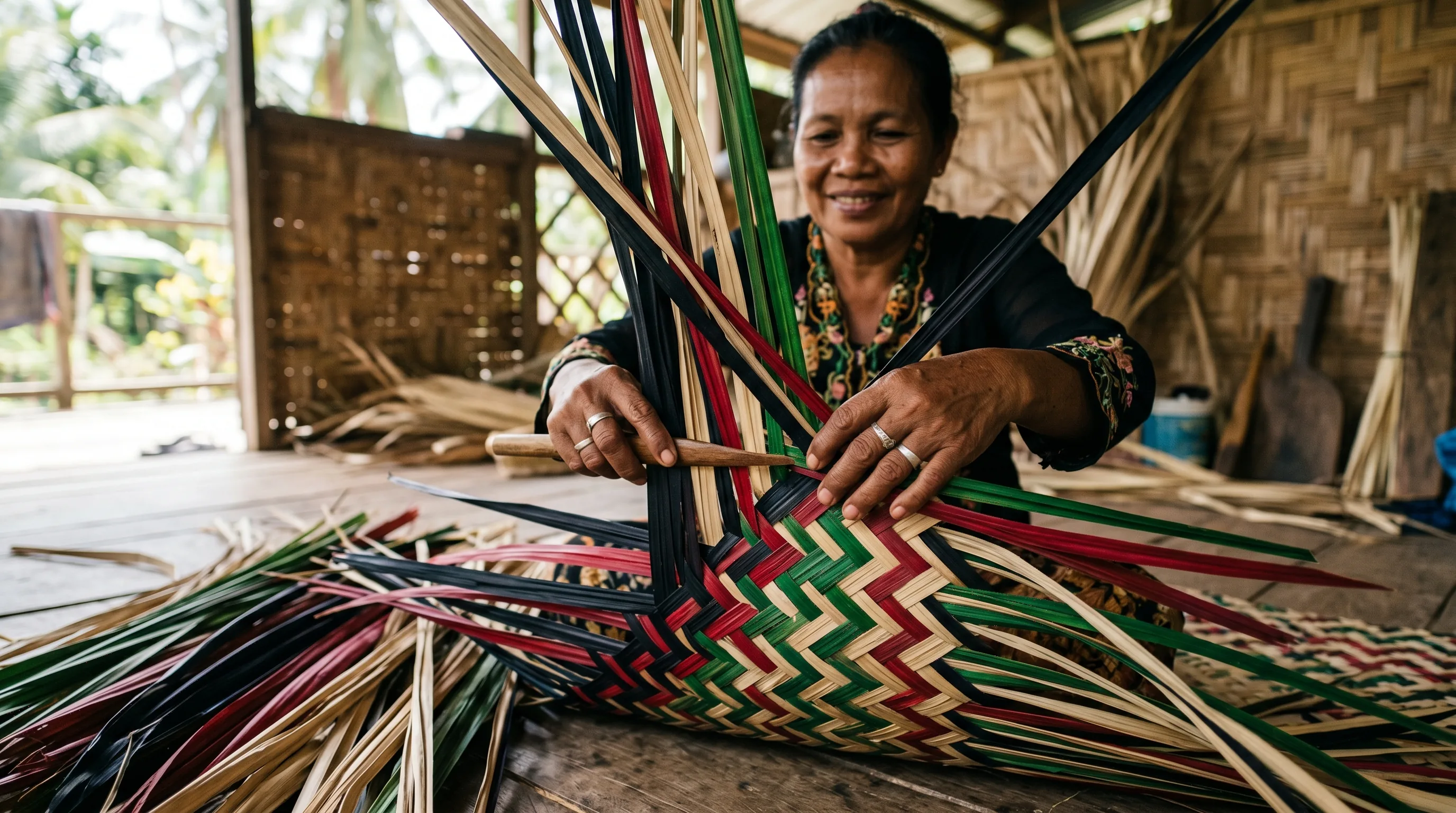 A Sabahan woman plaiting dried pandanus strips into a patterned mat at a village workspace.