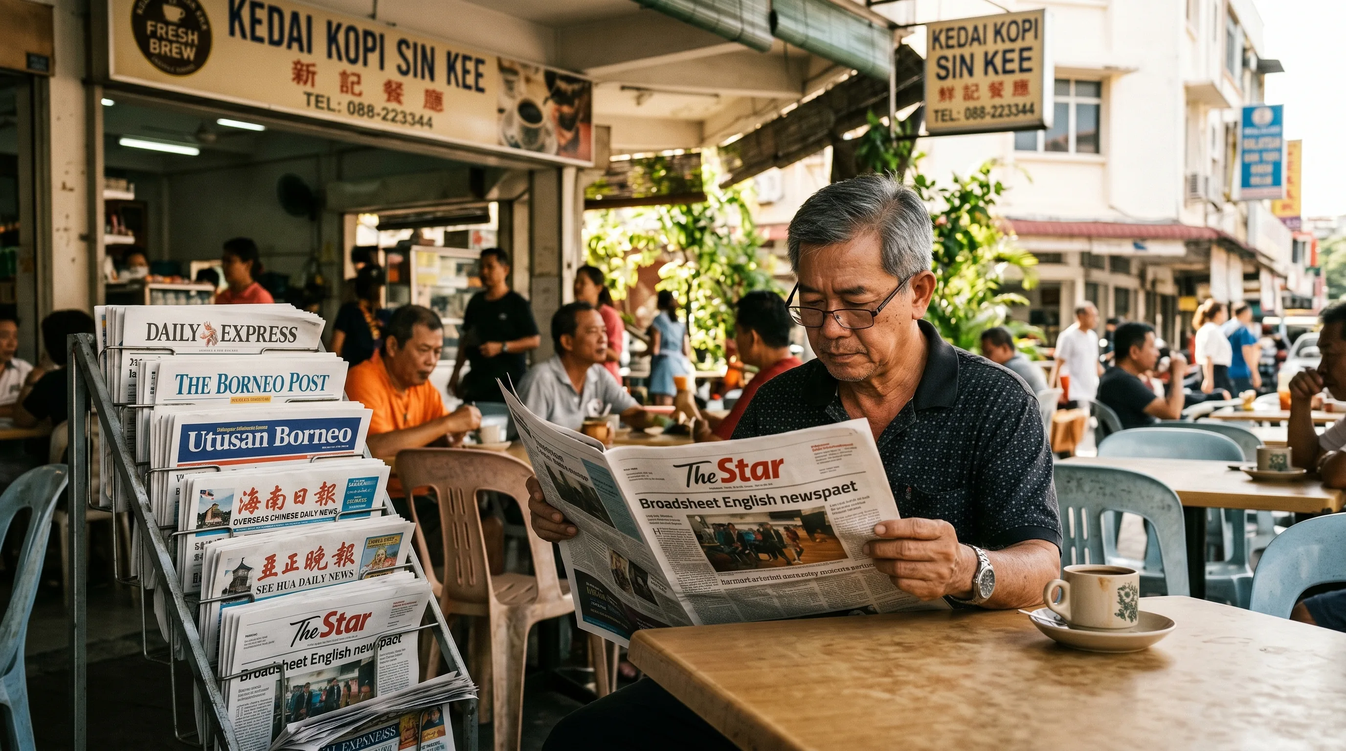 A stack of folded daily newspapers representing Sabah's English and Chinese language press.