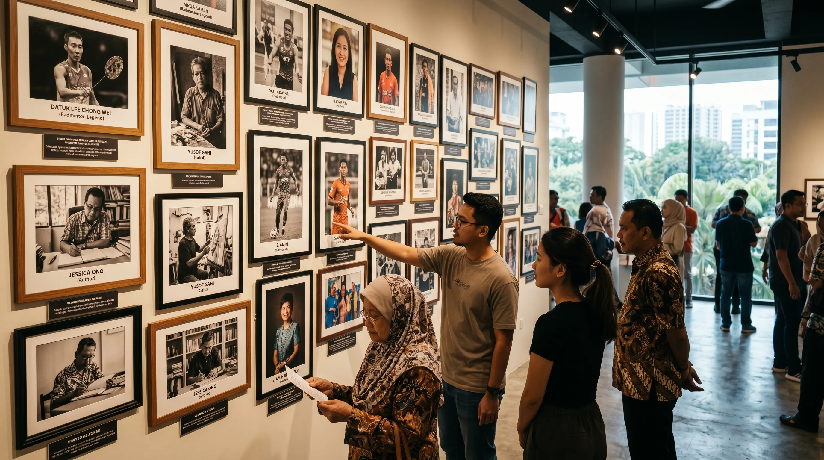 A wall of framed portraits celebrating Sabahan athletes, artists and writers in a Kota Kinabalu gallery, with Malaysian visitors viewing the display