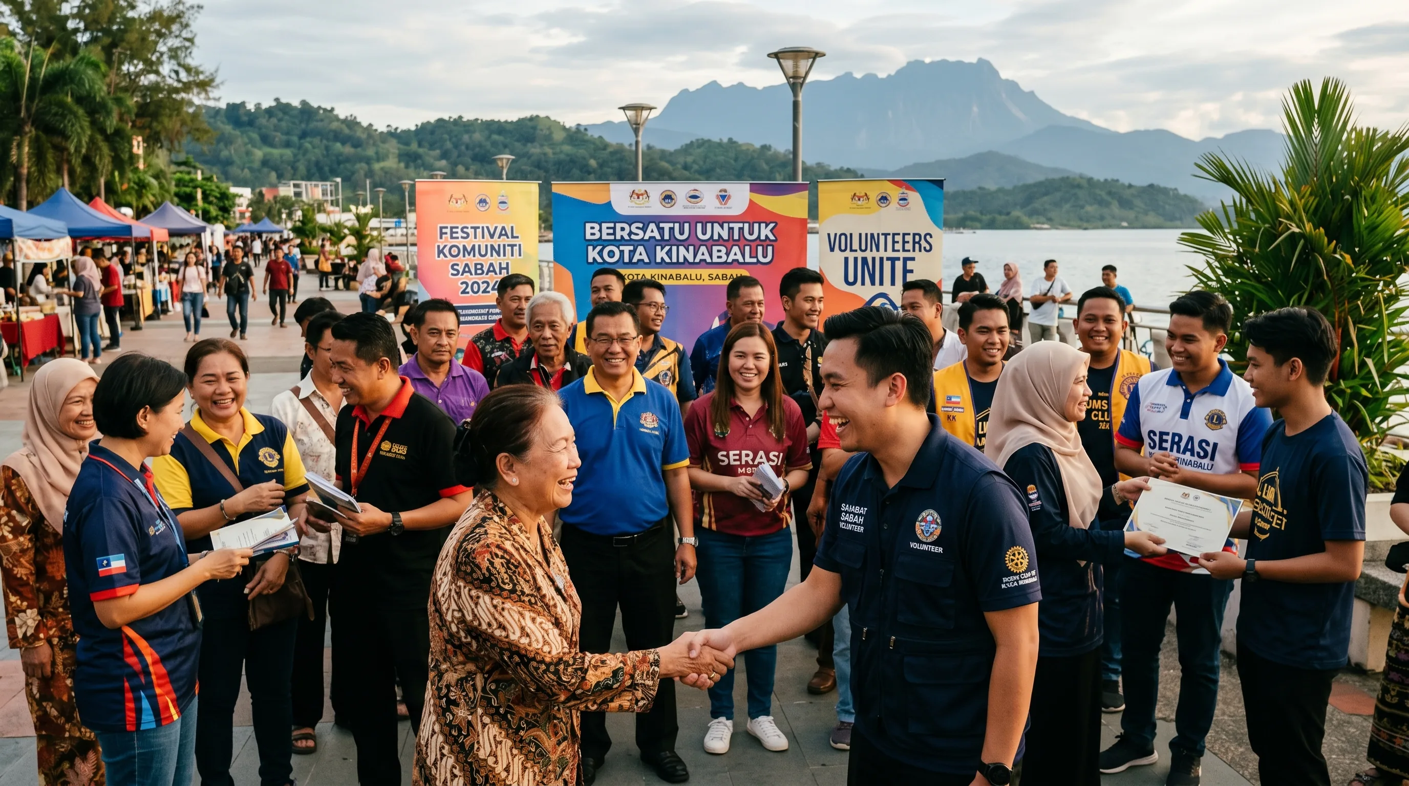 Malaysian community members and volunteers gathered at a civic event in Kota Kinabalu, representing Sabah's clubs and associations