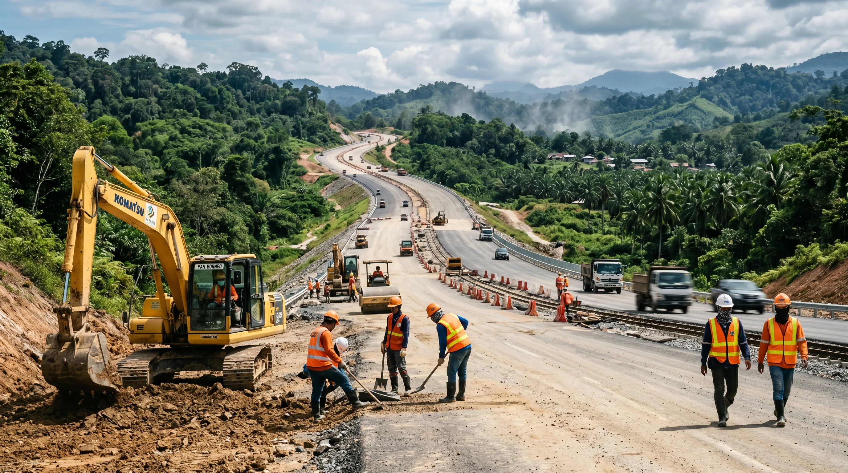 A newly paved divided highway cutting through the forested interior hills of Sabah under a bright sky.