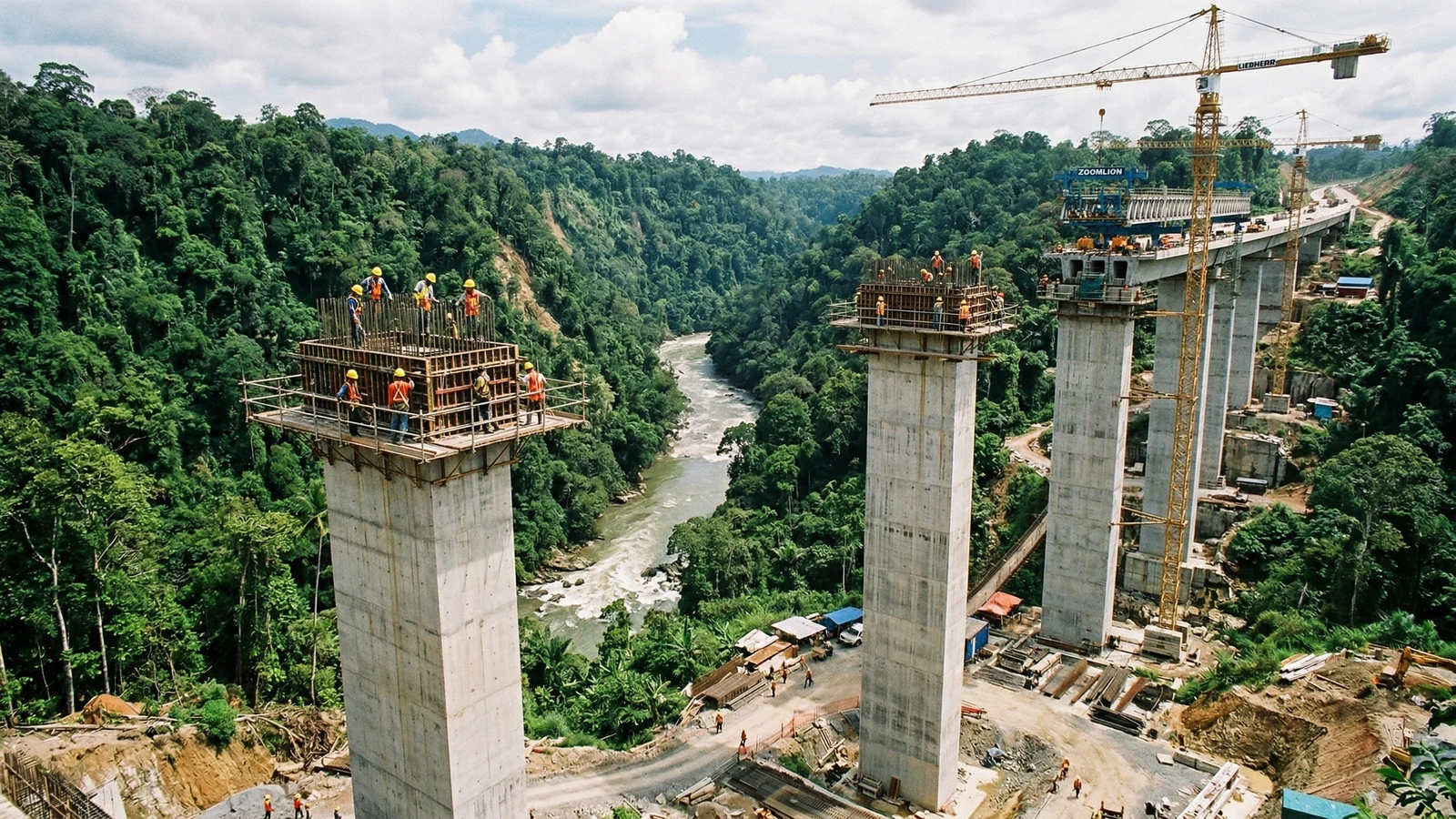Multi-lane expressway section of Pan Borneo Highway cutting through Sabah forest landscape with construction equipment visible