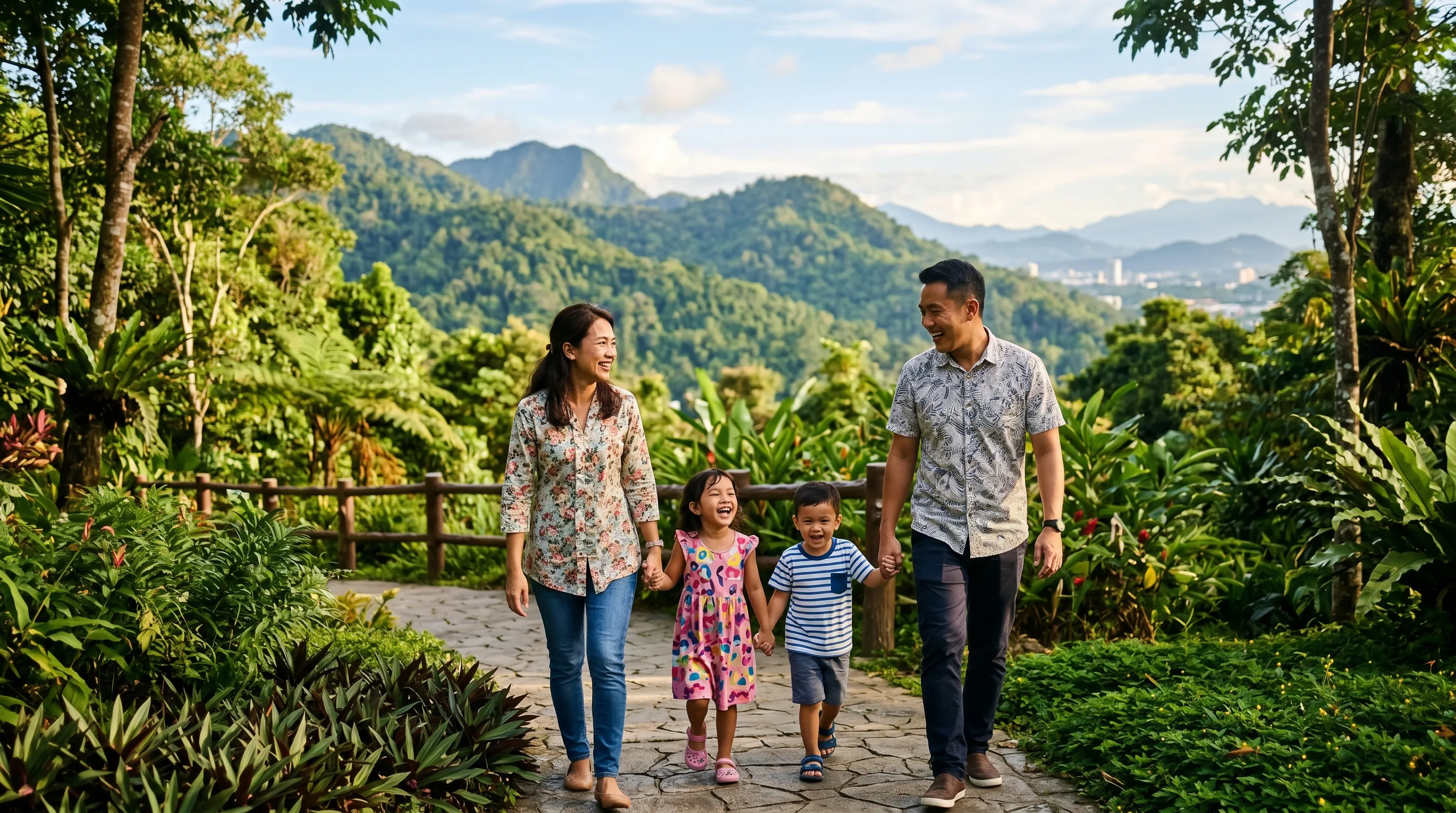 A Malaysian family with young children walking together in a park in Kota Kinabalu, Sabah, with green hills behind