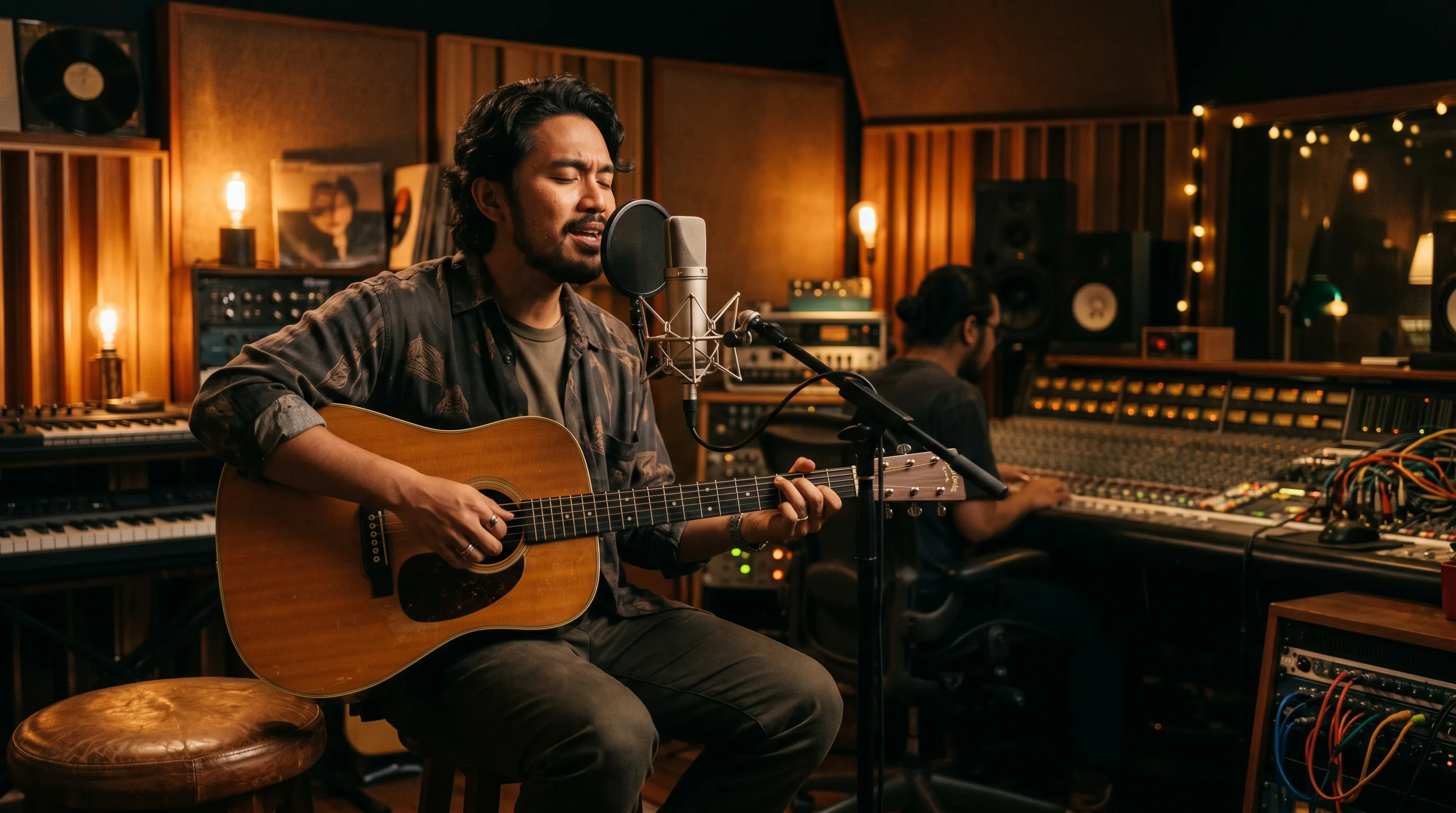 A Malaysian singer-songwriter with an acoustic guitar in a warmly lit studio, evoking Sabah's Pete Teo