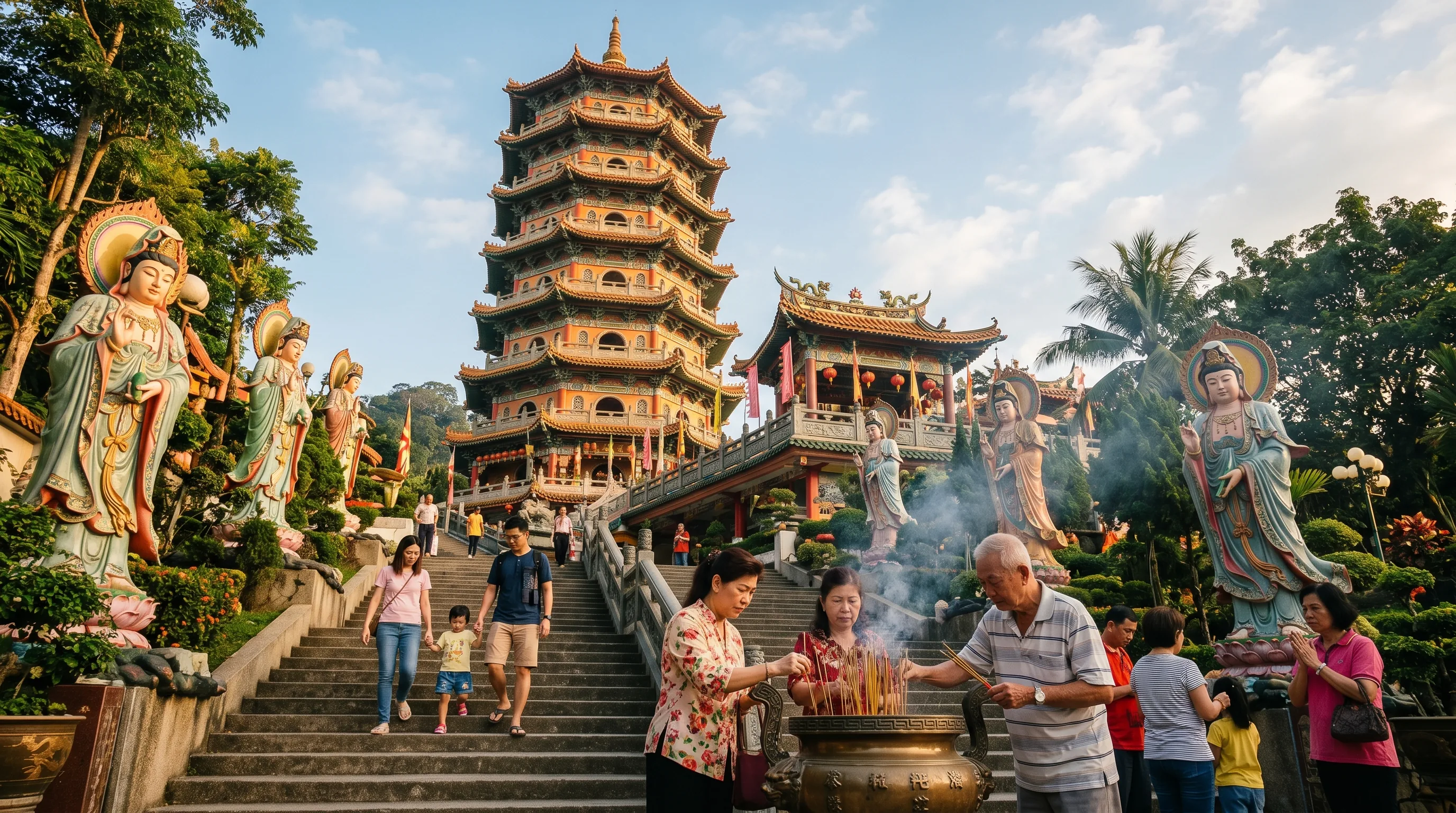 The eleven-storey orange-and-green pagoda of Puh Toh Tze Buddhist Temple rising above a stone staircase near Kota Kinabalu, Sabah