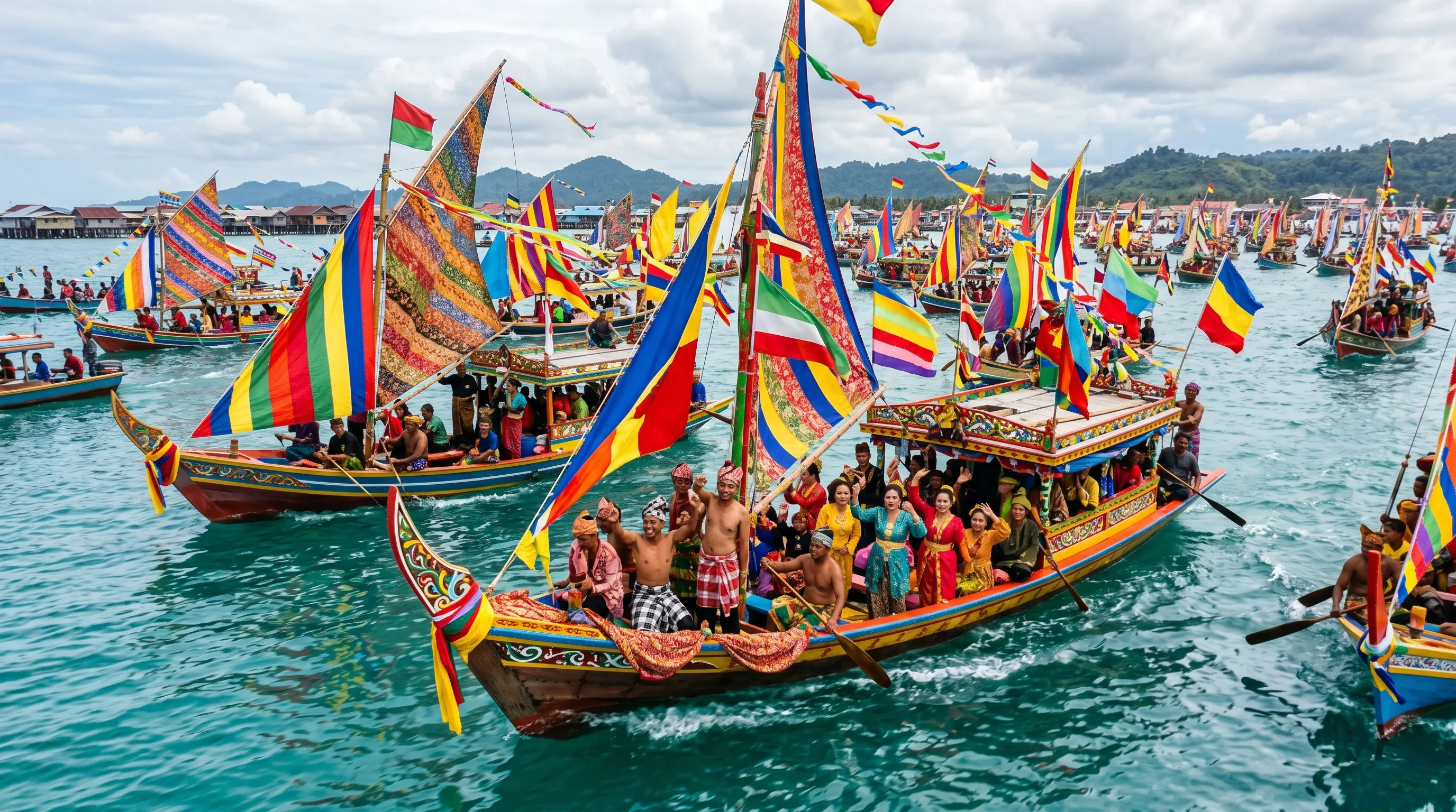 Brightly decorated traditional Bajau Laut lepa houseboats with colourful sails on the water at the Regatta Lepa in Semporna, Sabah