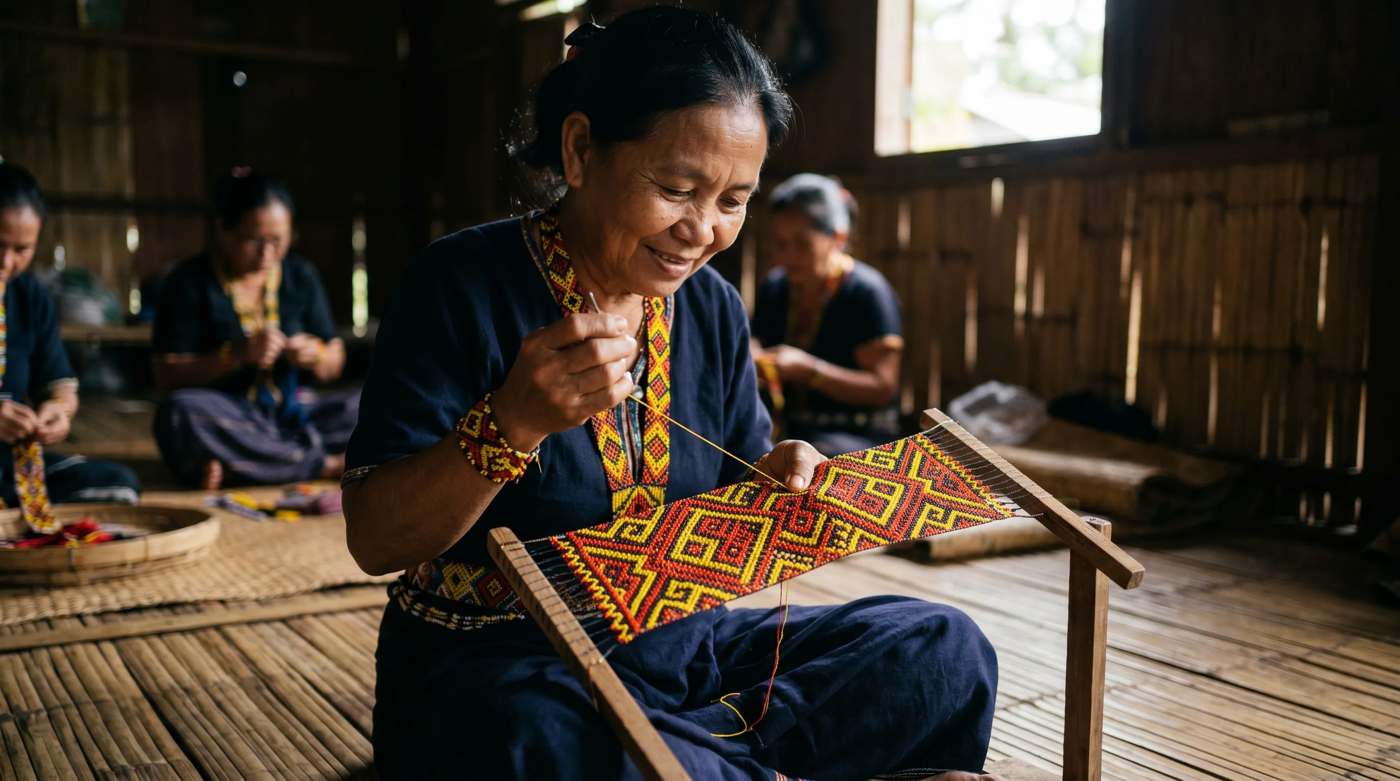 A Rungus woman in northern Sabah threading colourful beads into a geometric pinakol pattern on a loom-like frame.