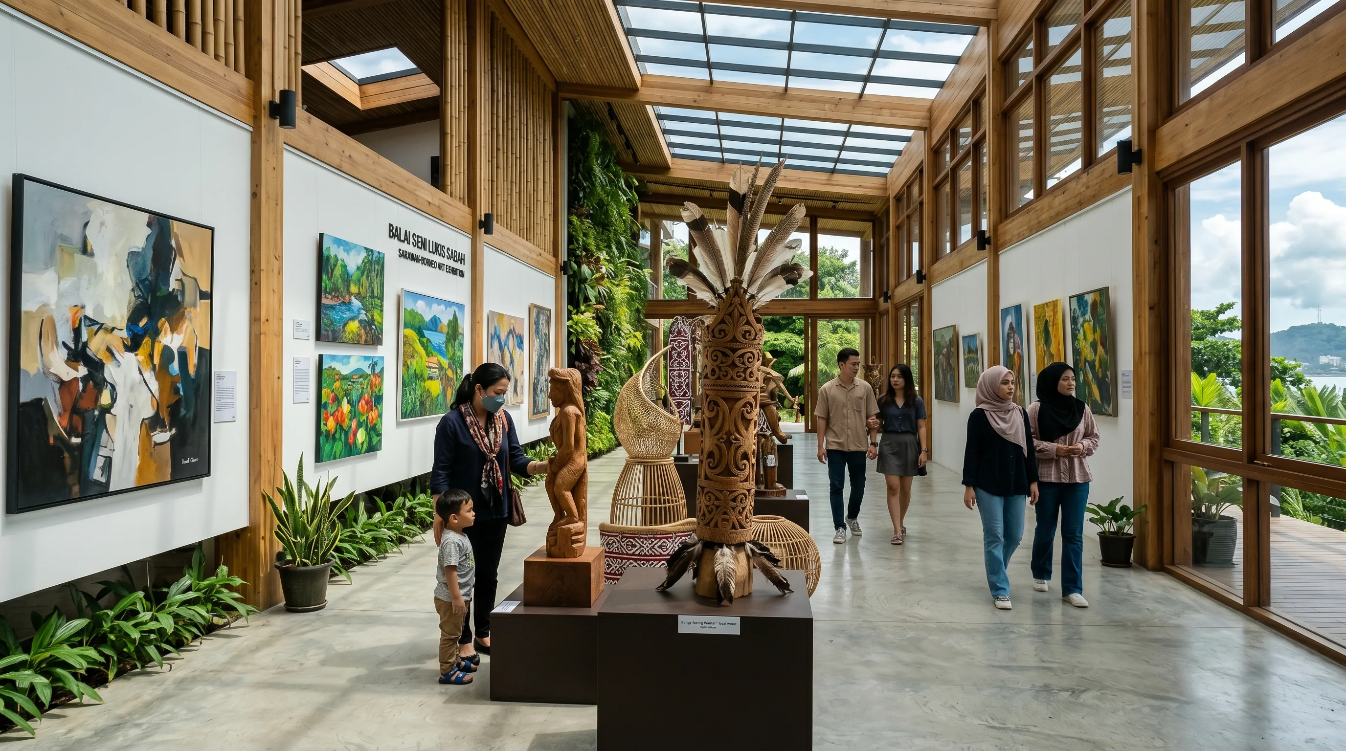 Visitors viewing paintings inside the airy, light-filled halls of the Sabah Art Gallery in Kota Kinabalu.