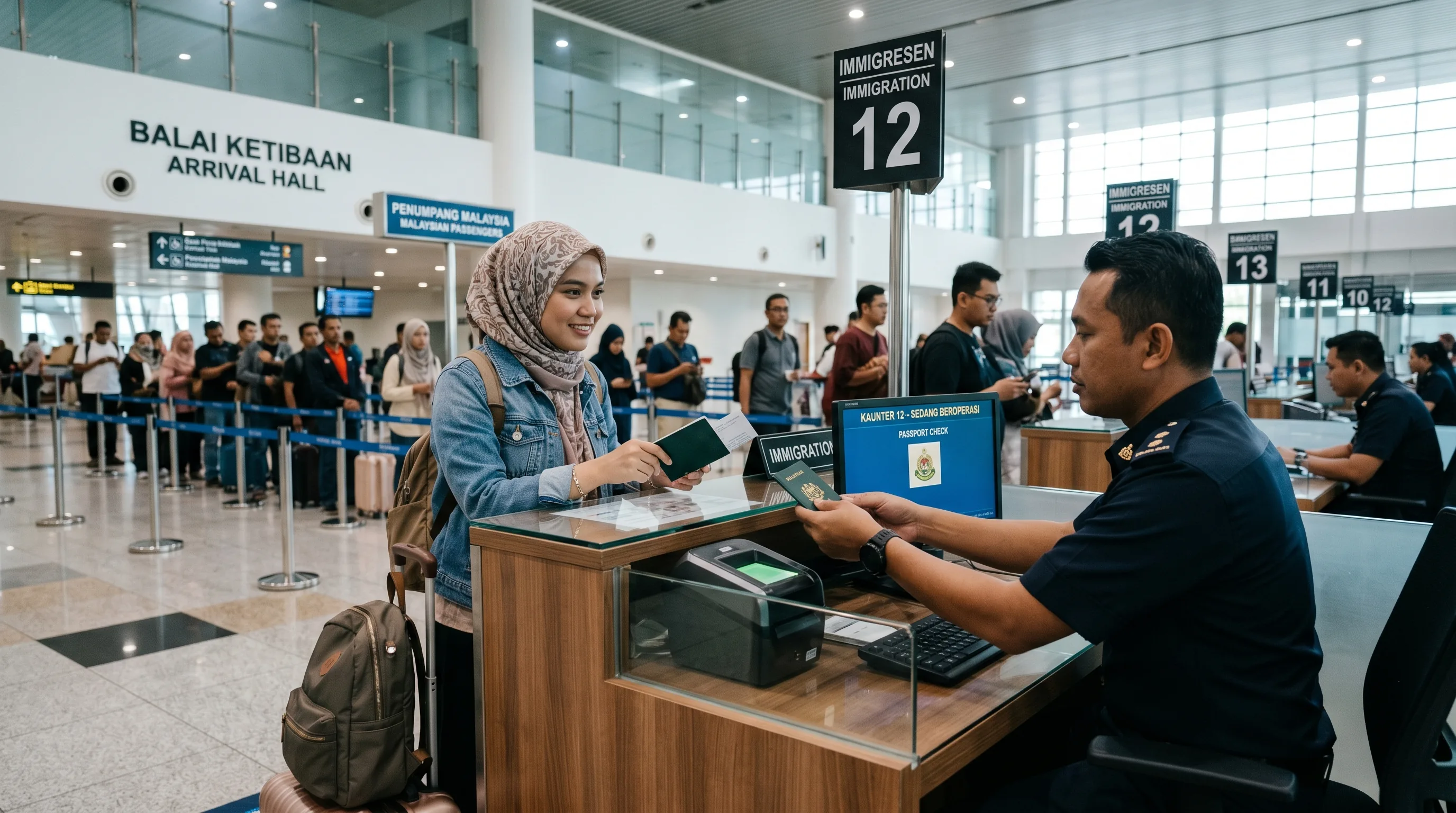 A Southeast Asian traveller presenting an identity card at a Sabah immigration counter inside Kota Kinabalu airport
