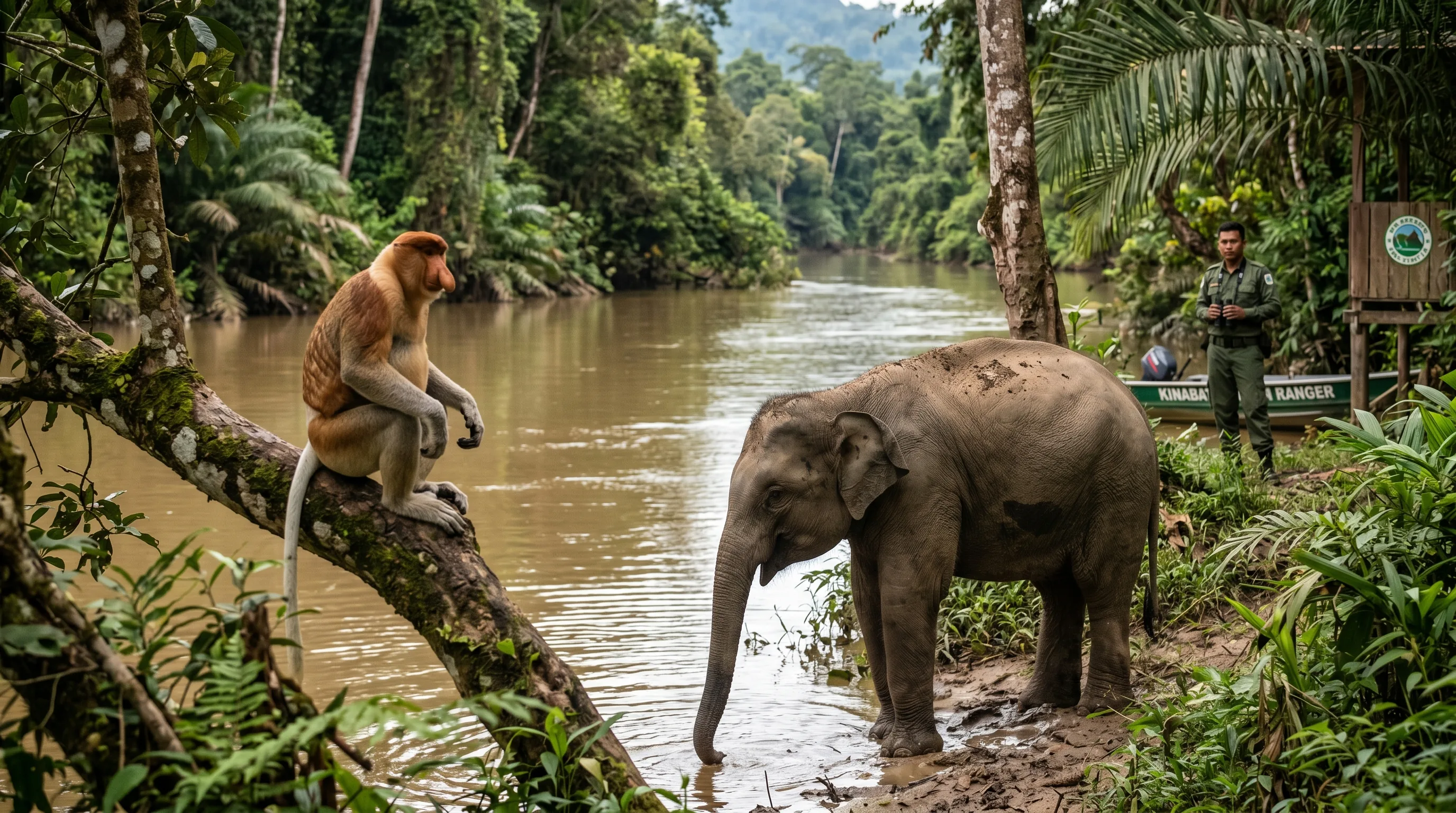 A wild Borneo pygmy elephant standing among the rainforest greenery along the Kinabatangan river in Sabah