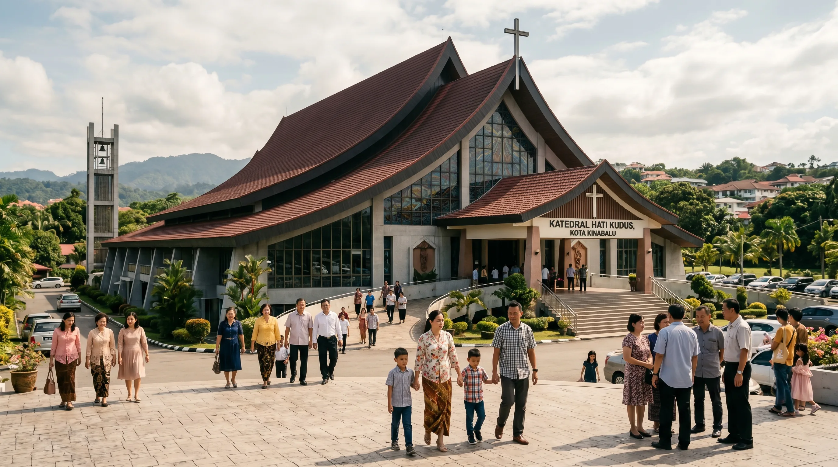 The contemporary white facade and massive sweeping roof of Sacred Heart Cathedral in Kota Kinabalu, Sabah, with Malaysian worshippers gathered outside