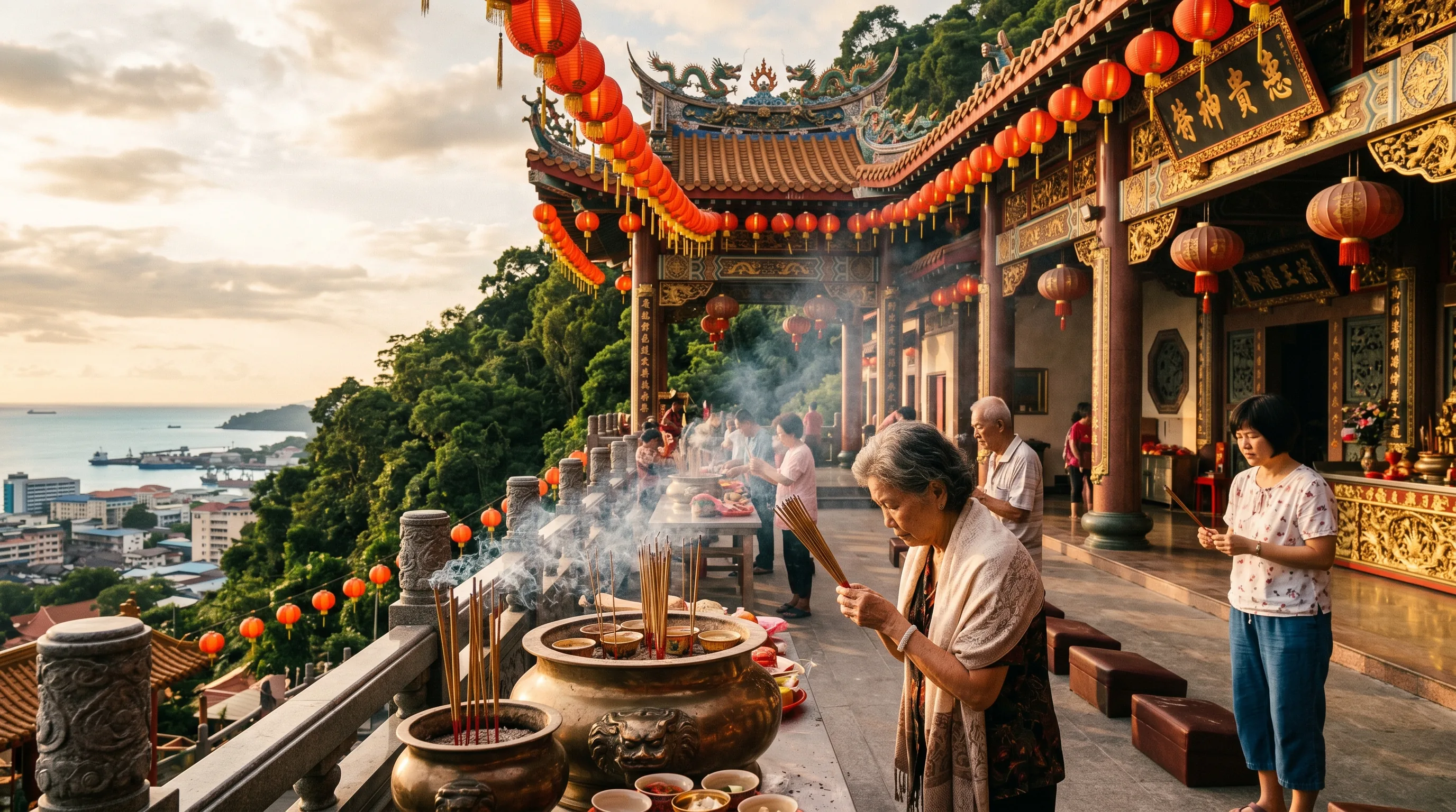 A worshipper lighting incense inside a historic Chinese temple in Sandakan, Sabah, with red lanterns and ornate altars