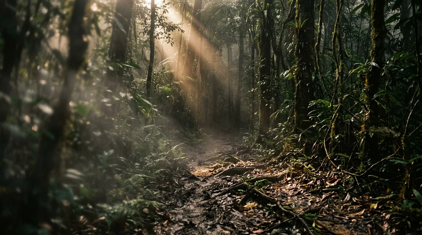 Dense Borneo jungle trail at dawn — the route of the Sandakan Death Marches