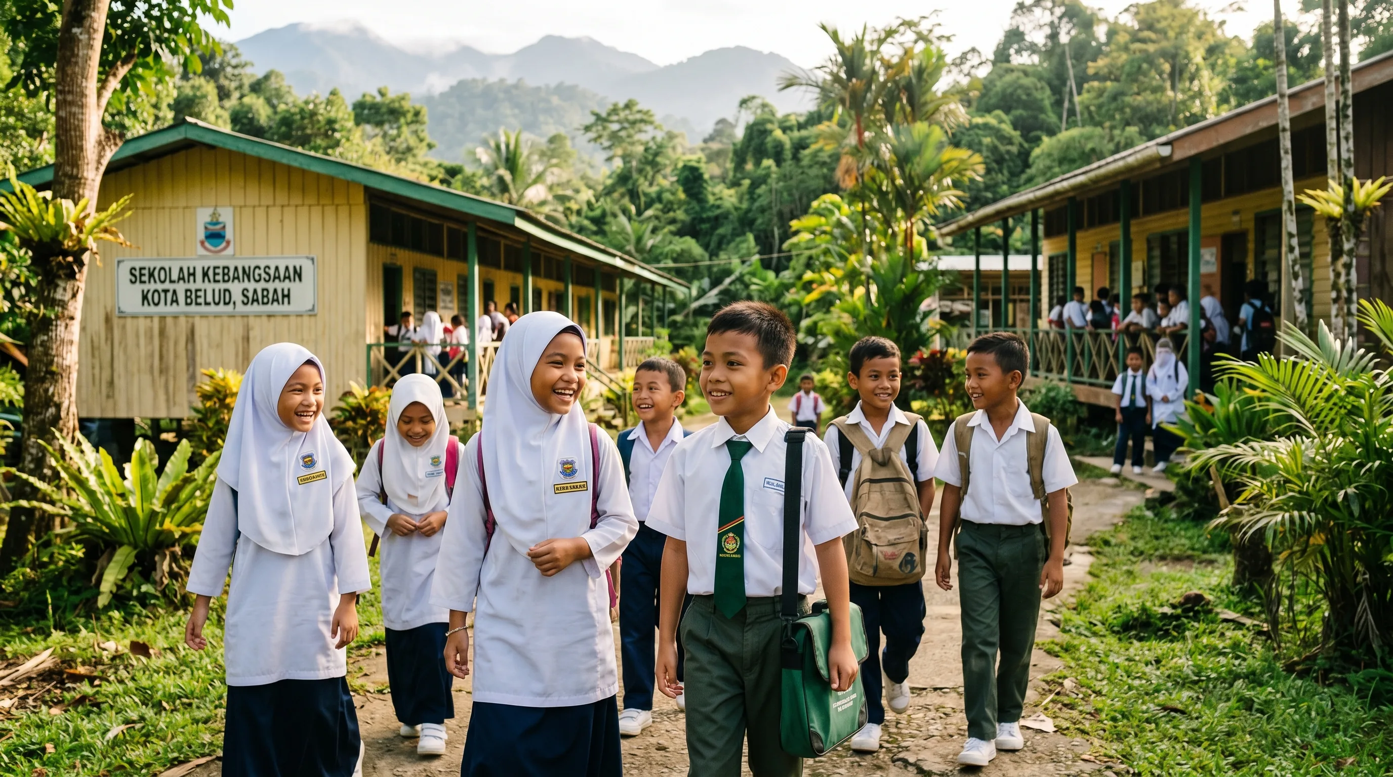 Southeast Asian Malaysian primary school students in uniform raising their hands in a bright classroom in Sabah, Malaysian Borneo