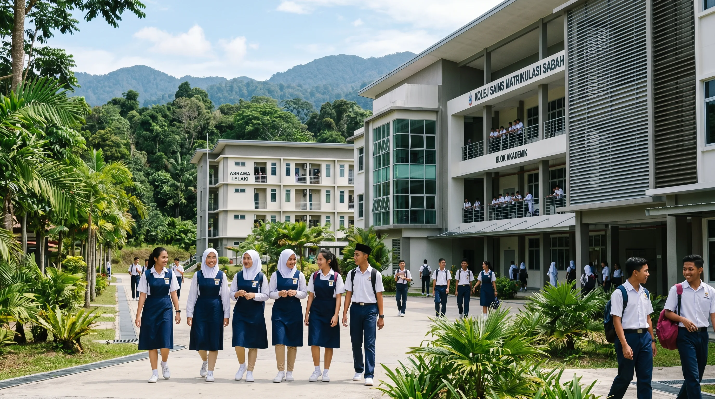 Southeast Asian Malaysian secondary school students in uniform walking on the campus of a residential science school in Likas, Kota Kinabalu, Sabah