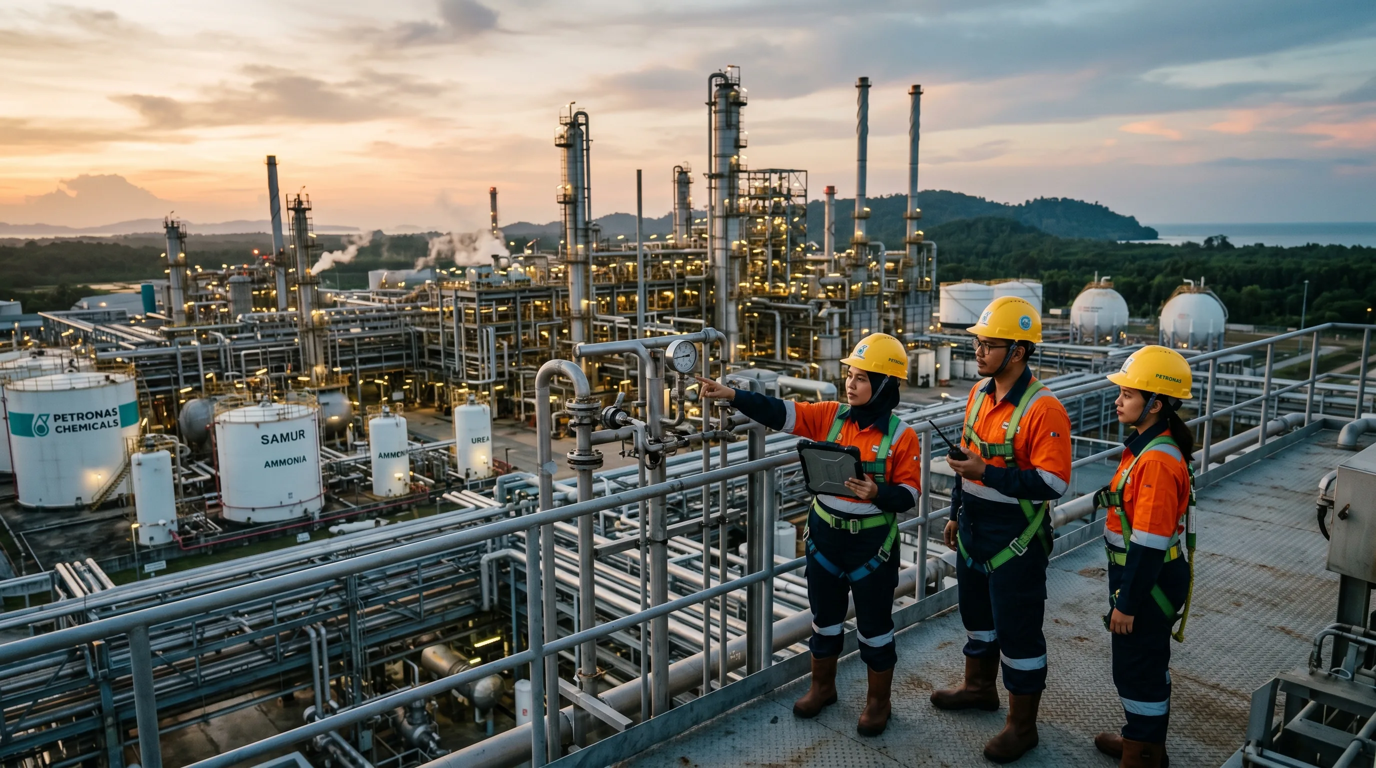 Towers, pipework and storage tanks of the SAMUR ammonia and urea plant at the SOGIP industrial area in Sipitang, Sabah.