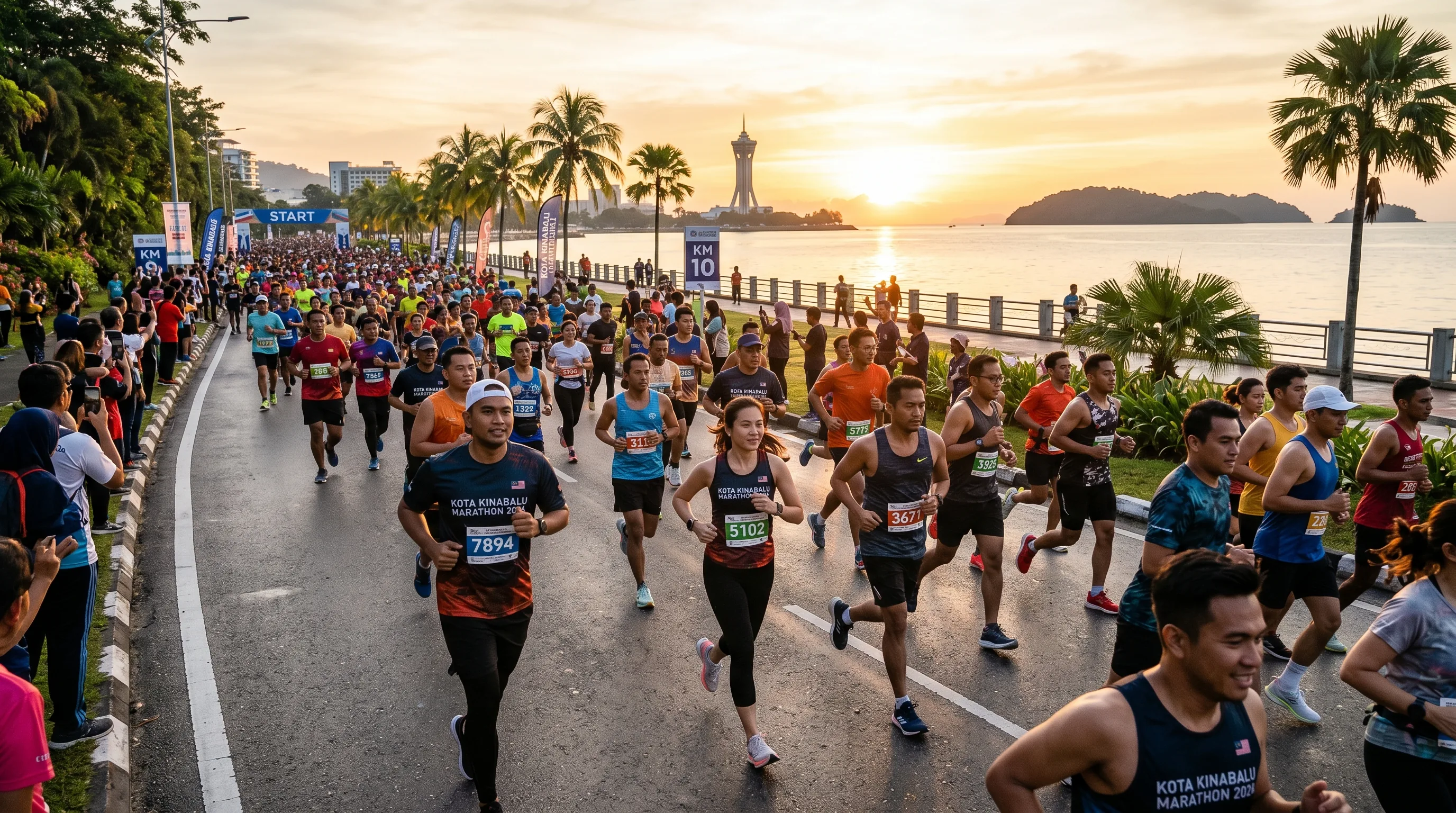 Southeast Asian runners crossing a finish line at a marathon in Kota Kinabalu, Sabah, with the coastline behind them