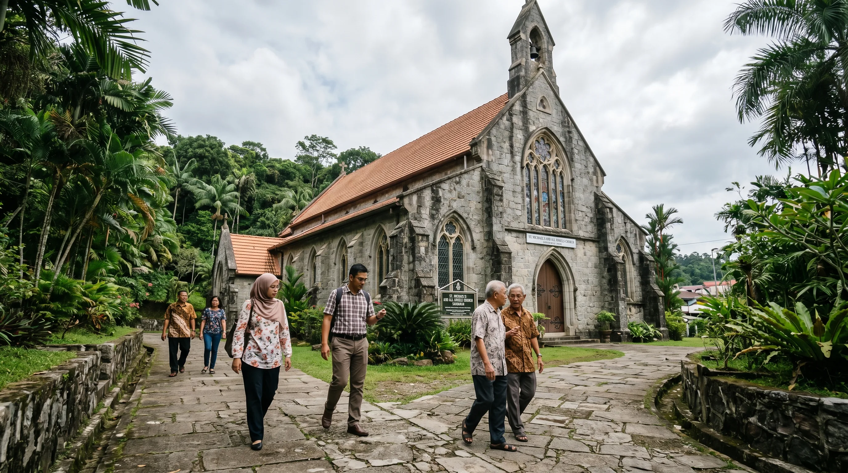 The grey stone walls and pointed windows of historic St. Michael's and All Angels Church in Sandakan, Sabah, with Malaysian visitors walking the heritage trail outside